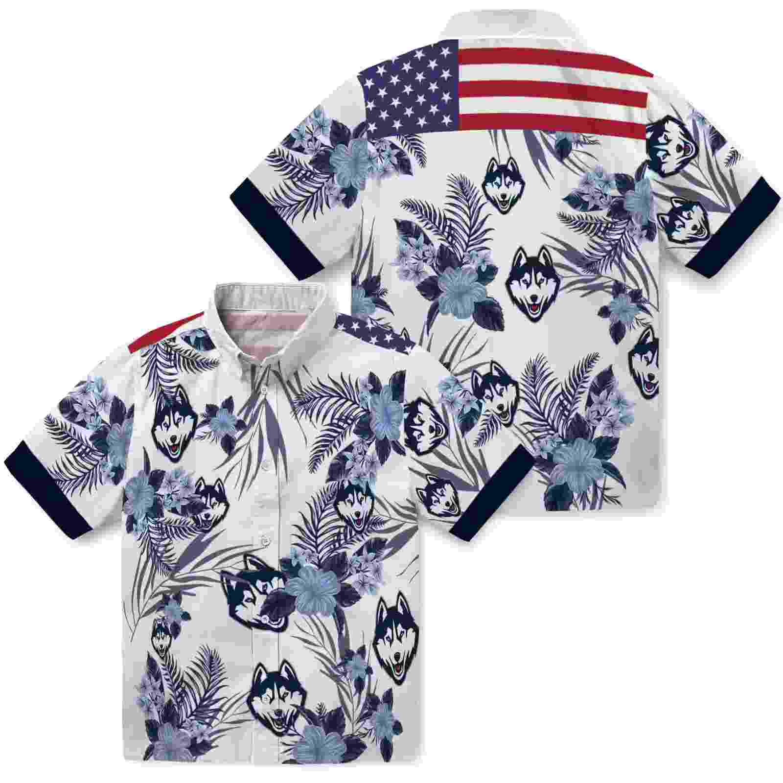 uconn huskies patriotic hibiscus design blue white hawaiian shirt high quality