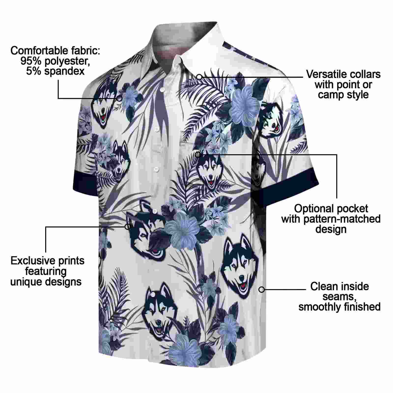 uconn huskies patriotic hibiscus design blue white hawaiian shirt new arrival