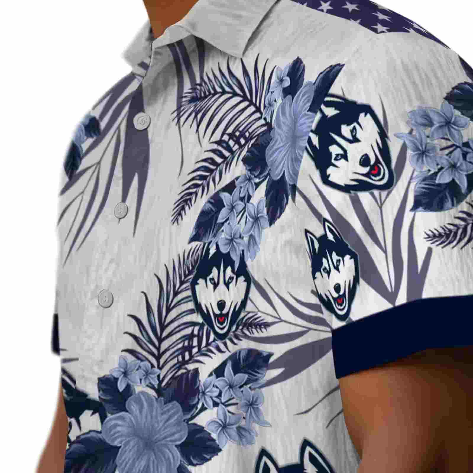 uconn huskies patriotic hibiscus design blue white hawaiian shirt trendy