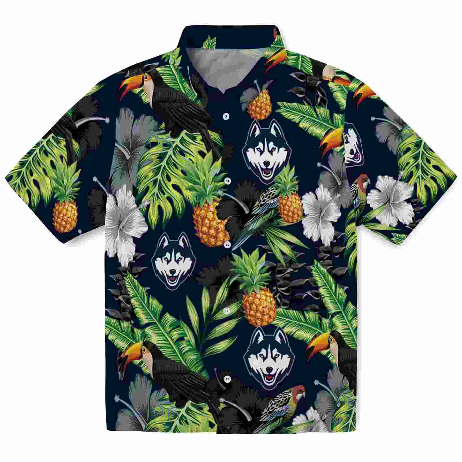 UConn Huskies Toucan Hibiscus Pineapple Blue Green Hawaiian Shirt