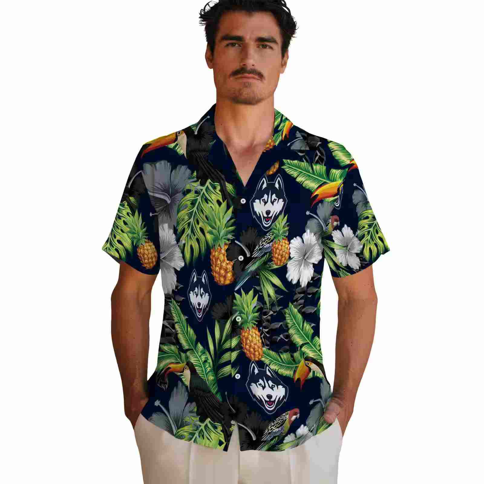 uconn huskies toucan hibiscus pineapple blue green hawaiian shirt fashion forward