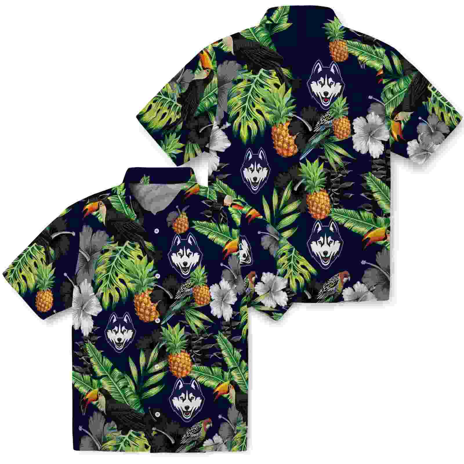 uconn huskies toucan hibiscus pineapple blue green hawaiian shirt high quality