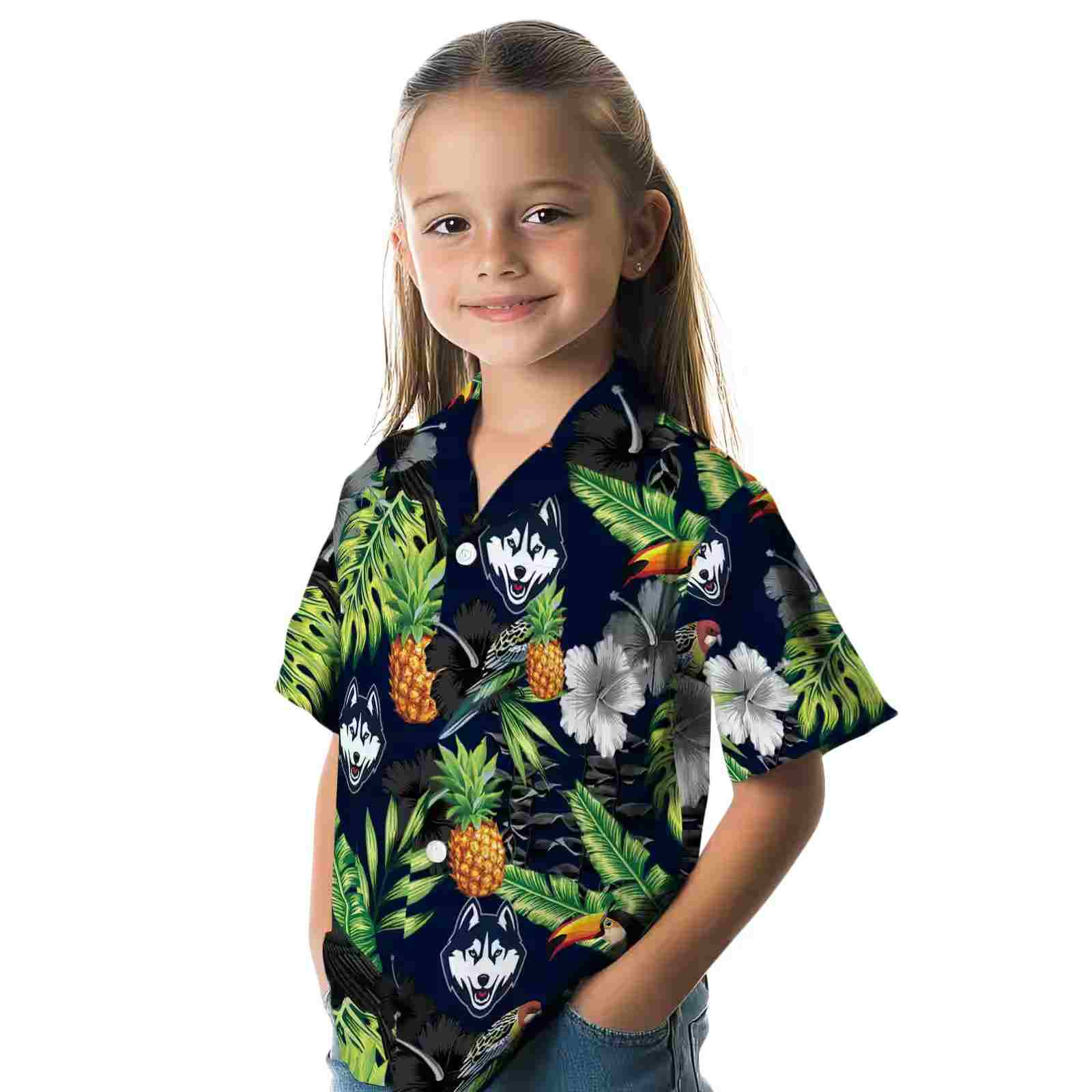 uconn huskies toucan hibiscus pineapple blue green hawaiian shirt premium grade