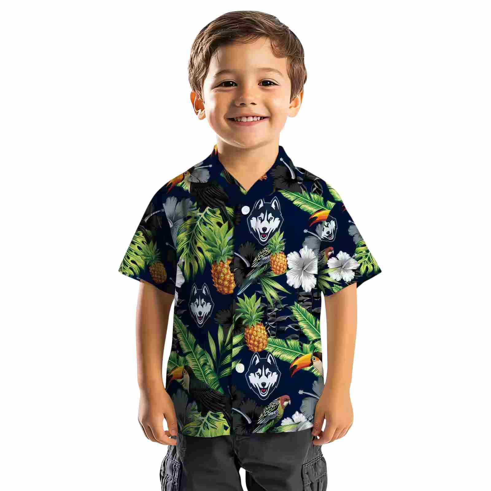 uconn huskies toucan hibiscus pineapple blue green hawaiian shirt top rated