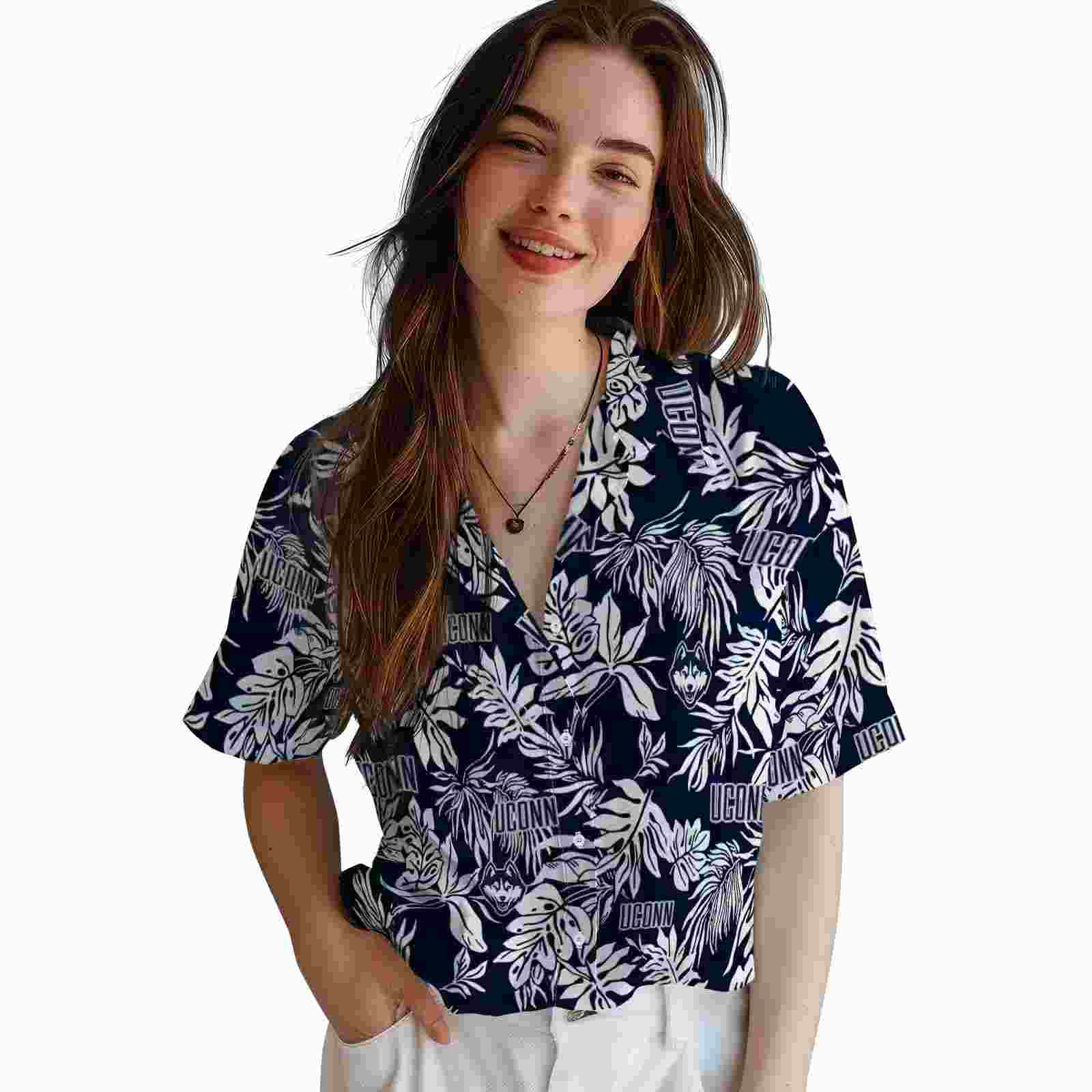 uconn huskies tropical leaf blue white hawaiian shirt latest model