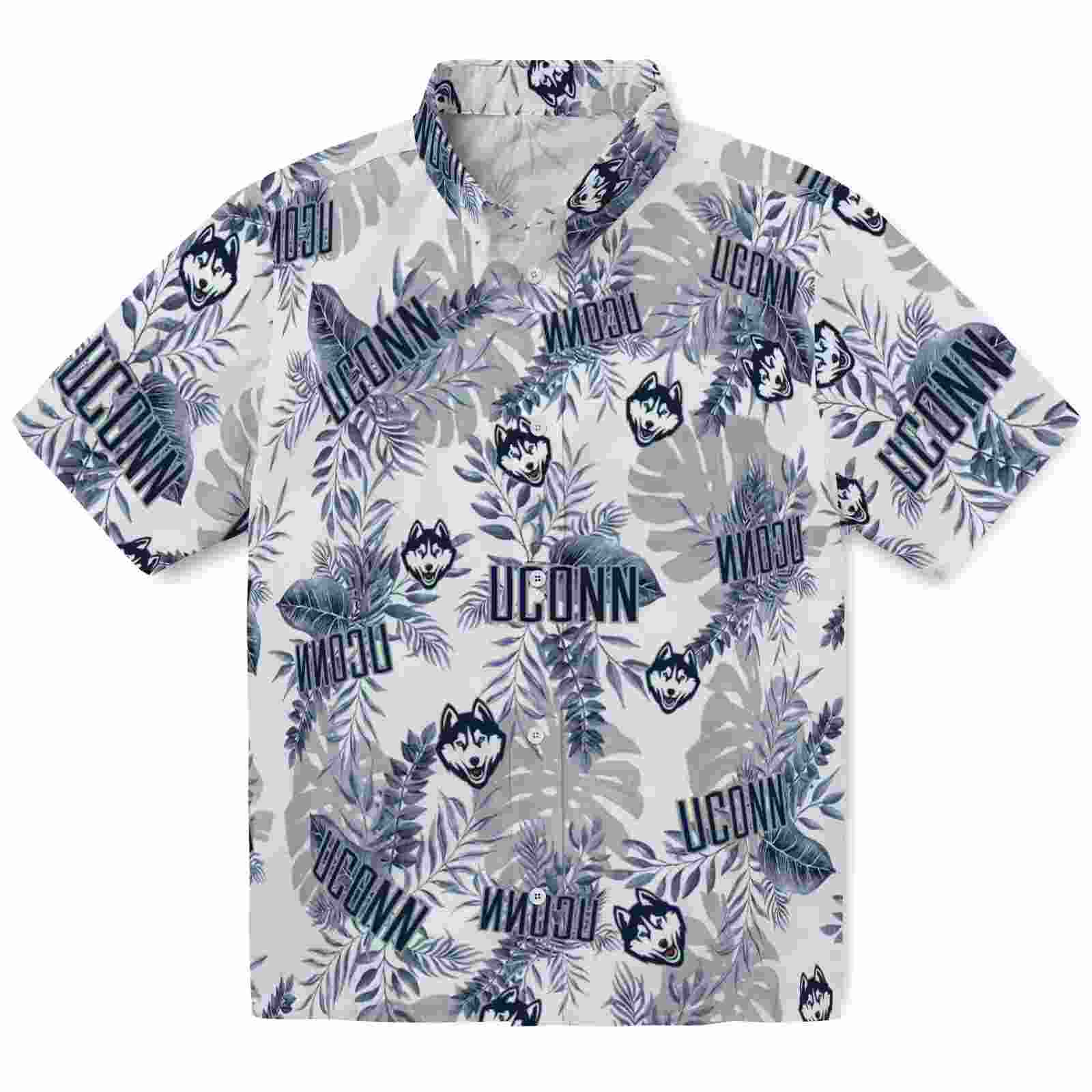 UConn Huskies Tropical Leaves Blue White Hawaiian Shirt