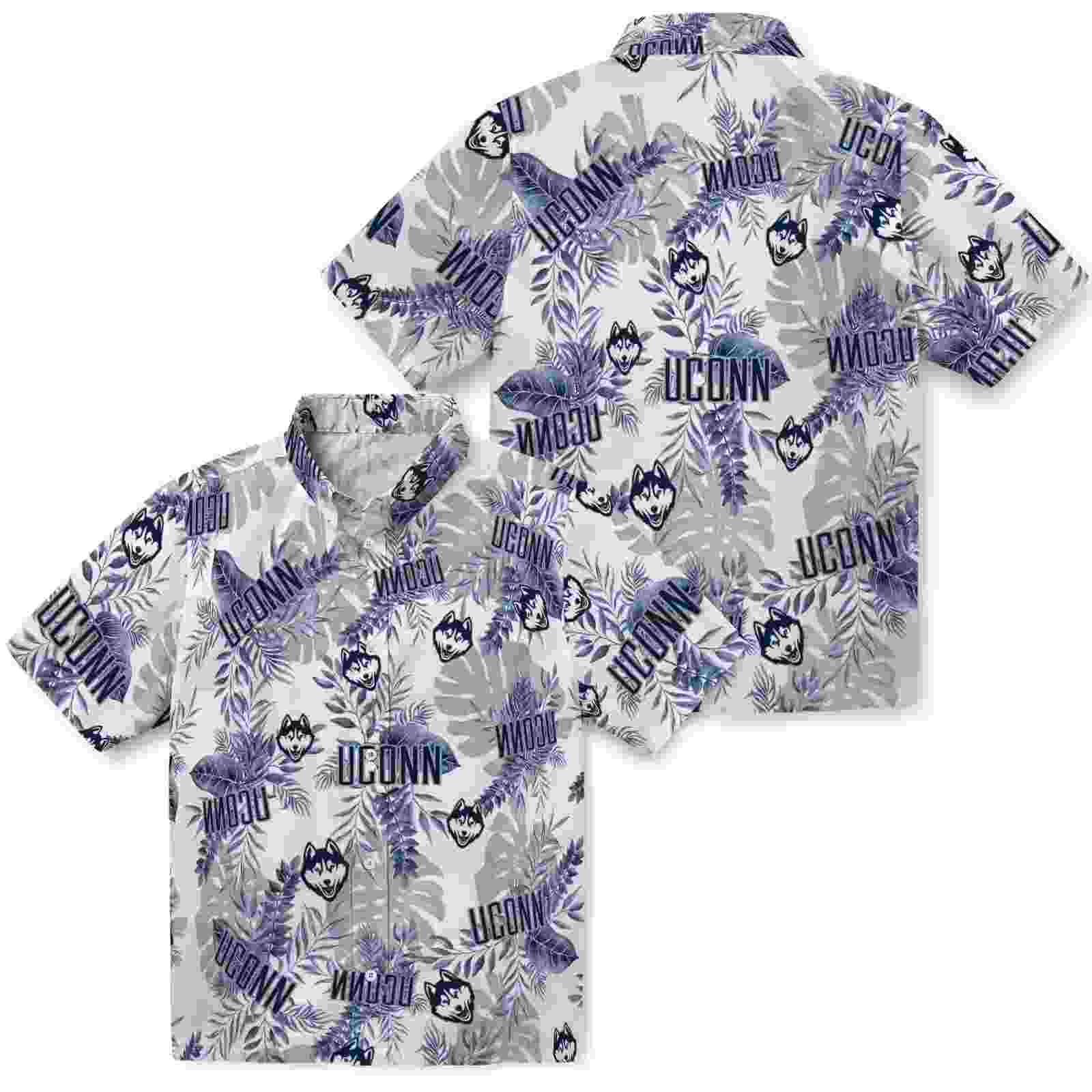 uconn huskies tropical leaves blue white hawaiian shirt high quality