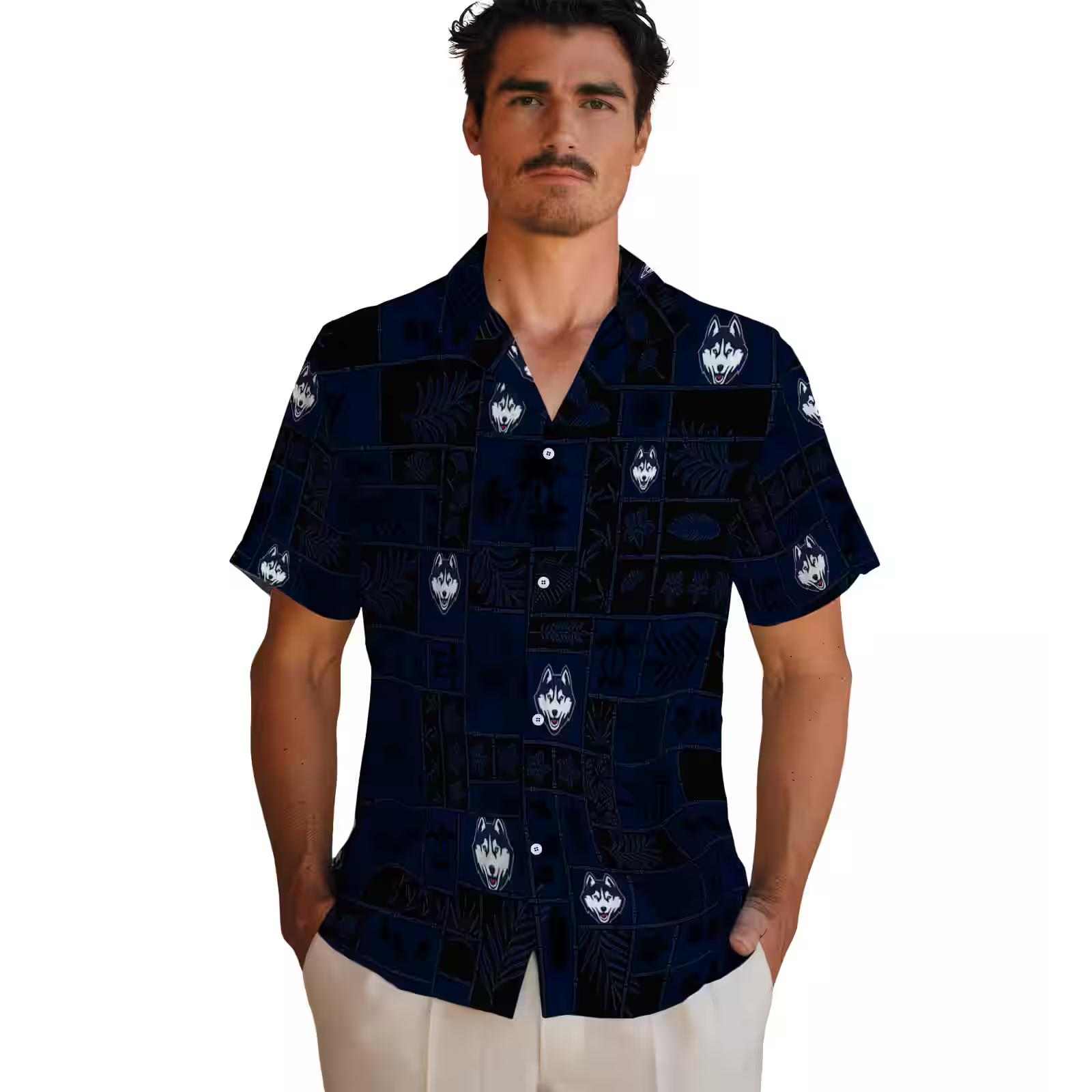 uconn huskies tropical patchwork blue black hawaiian shirt fashion forward