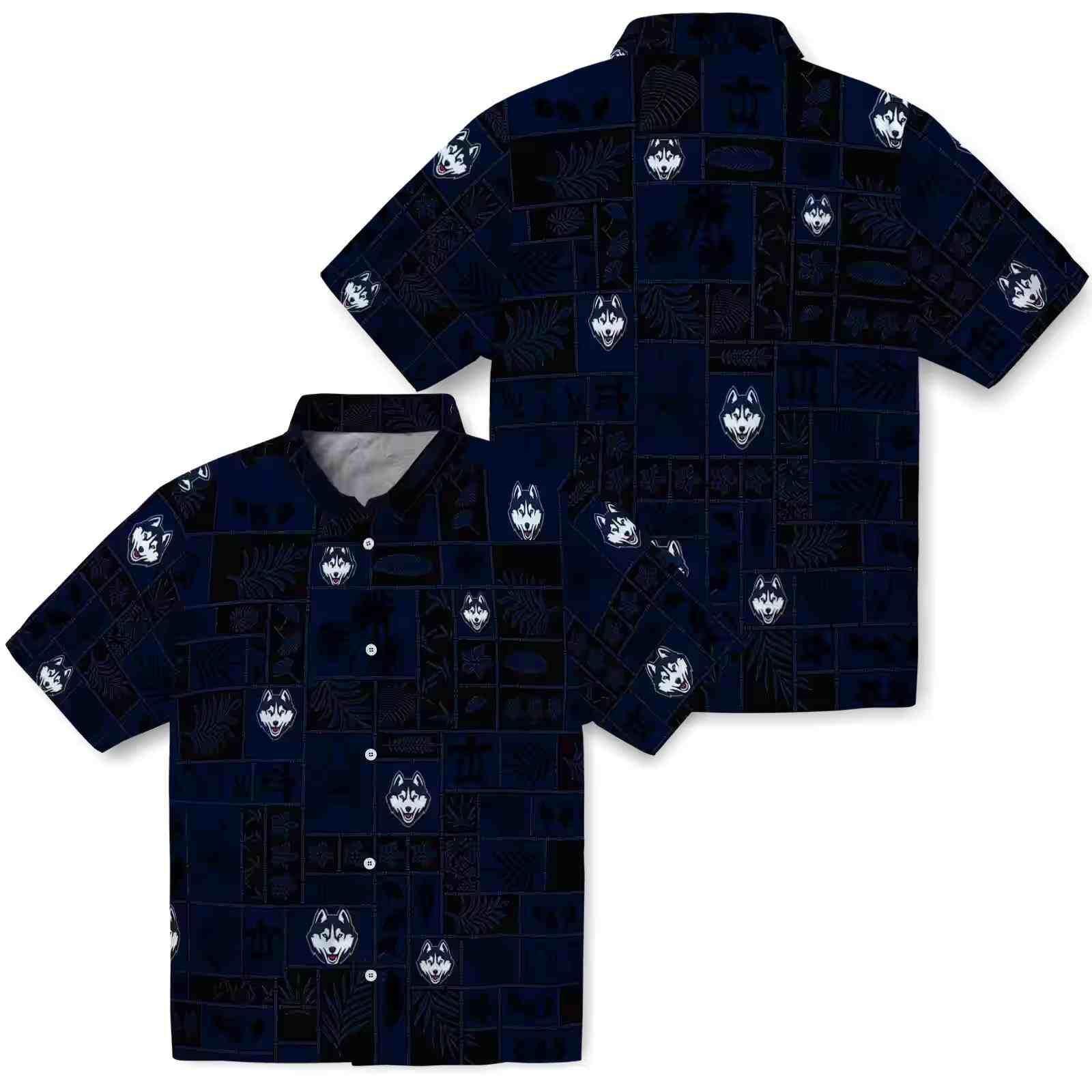 uconn huskies tropical patchwork blue black hawaiian shirt high quality