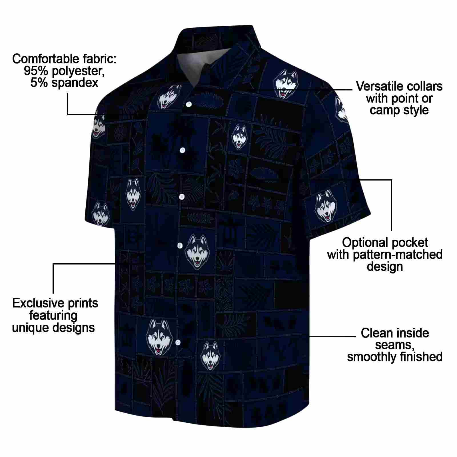 uconn huskies tropical patchwork blue black hawaiian shirt new arrival