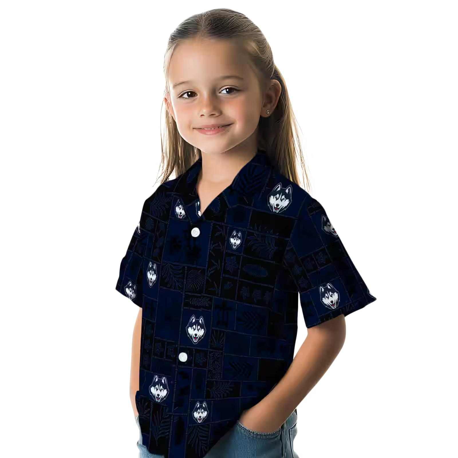 uconn huskies tropical patchwork blue black hawaiian shirt premium grade