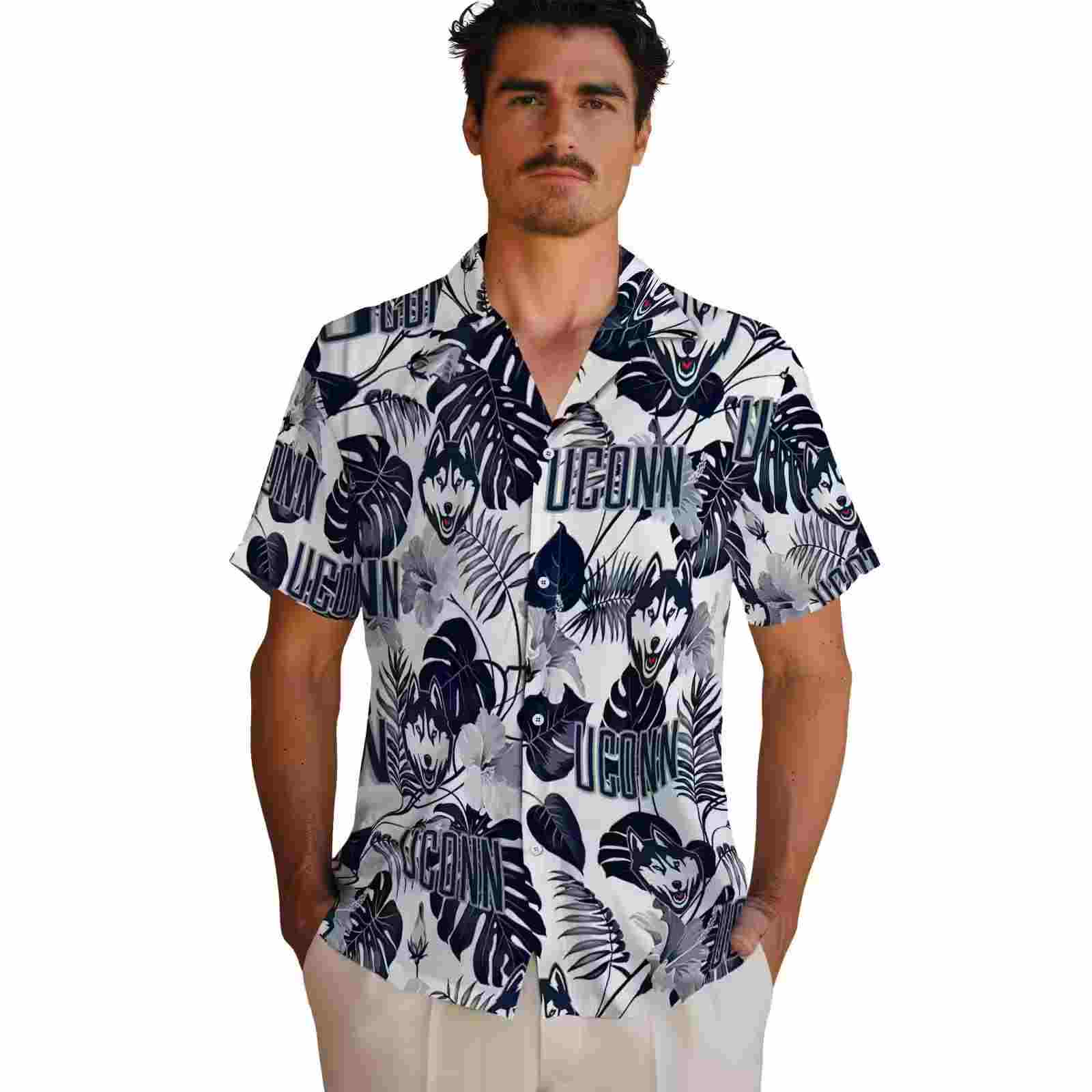 uconn huskies tropical plants blue white hawaiian shirt fashion forward