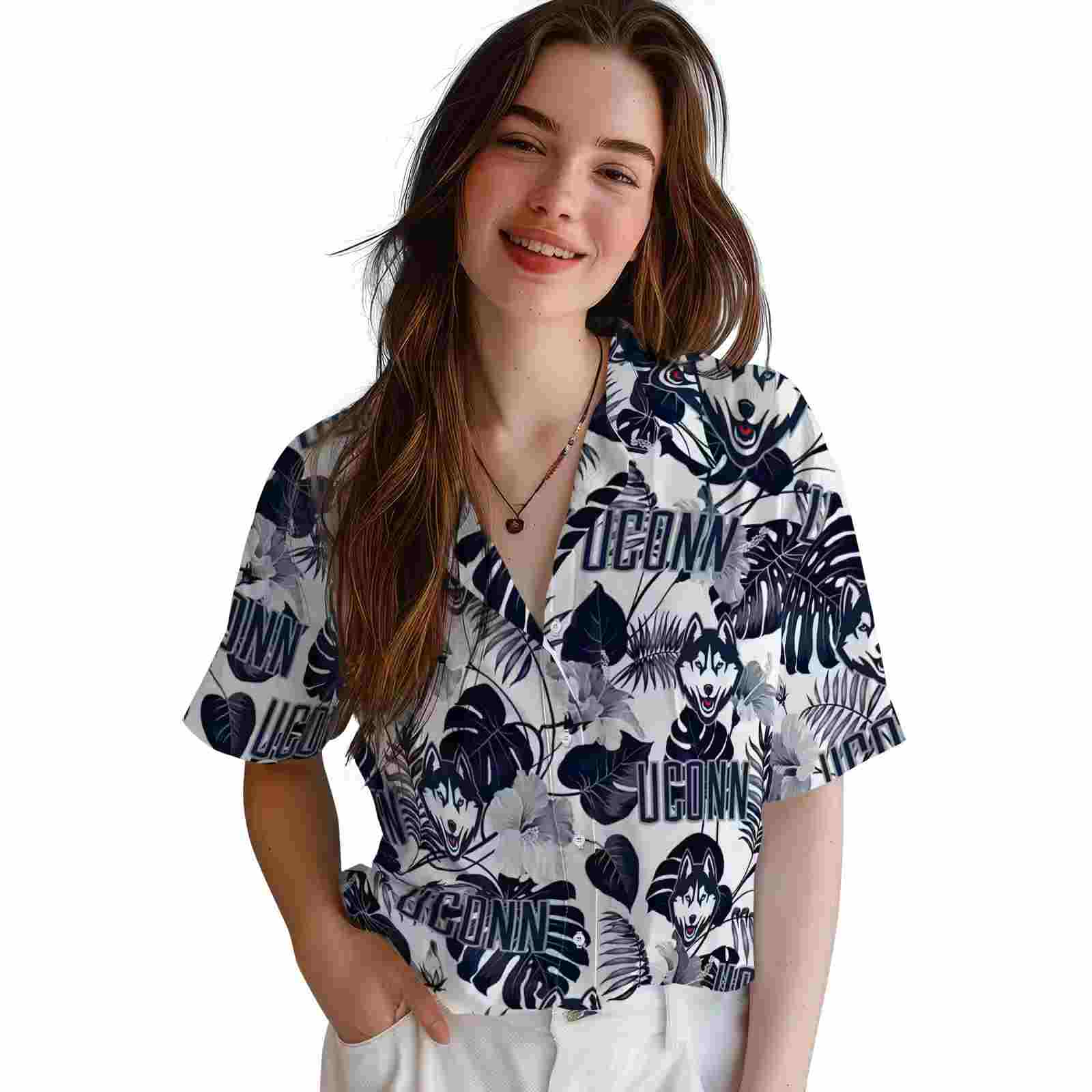 uconn huskies tropical plants blue white hawaiian shirt latest model