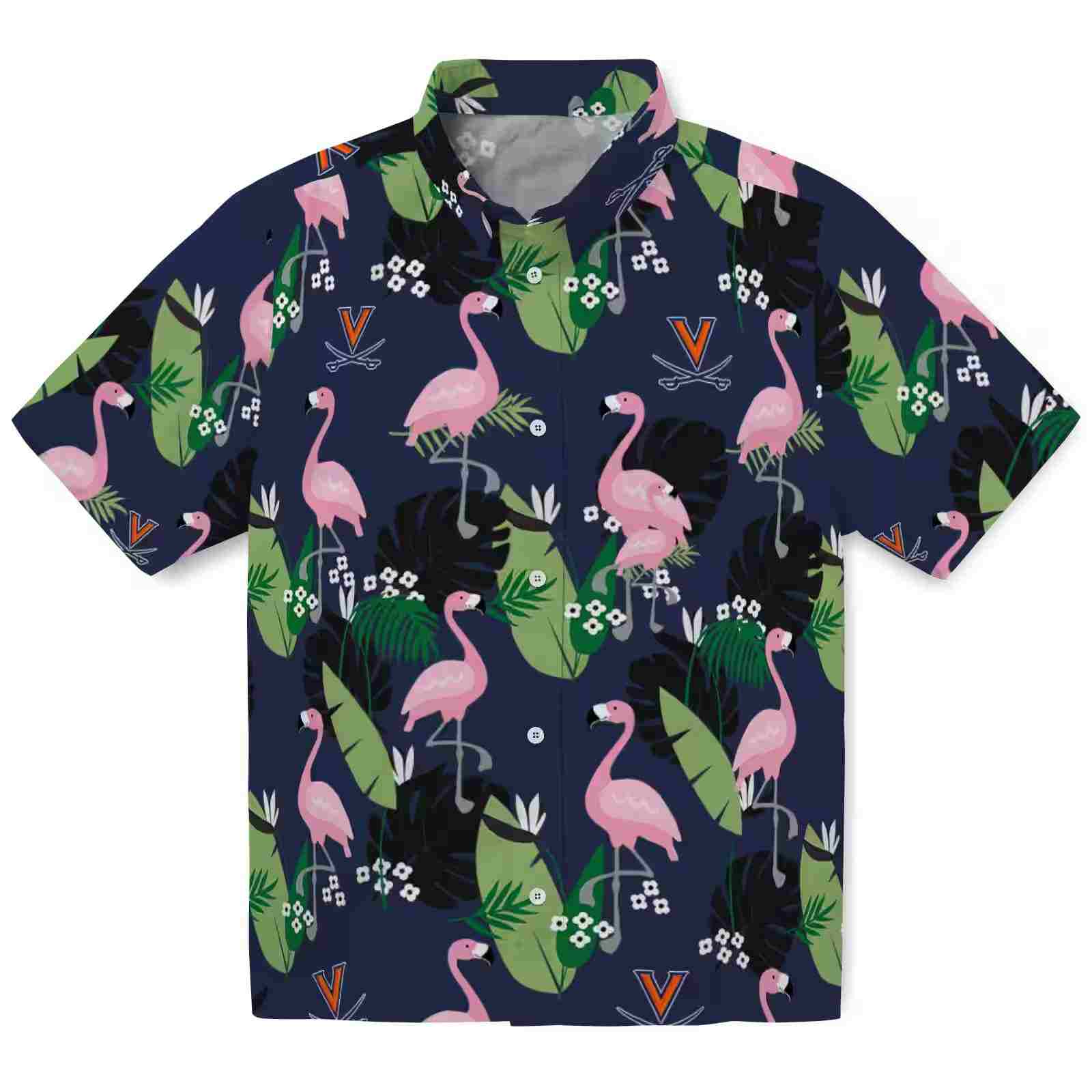 Virginia Cavaliers Flamingo Leaf Motif Blue Hawaiian Shirt