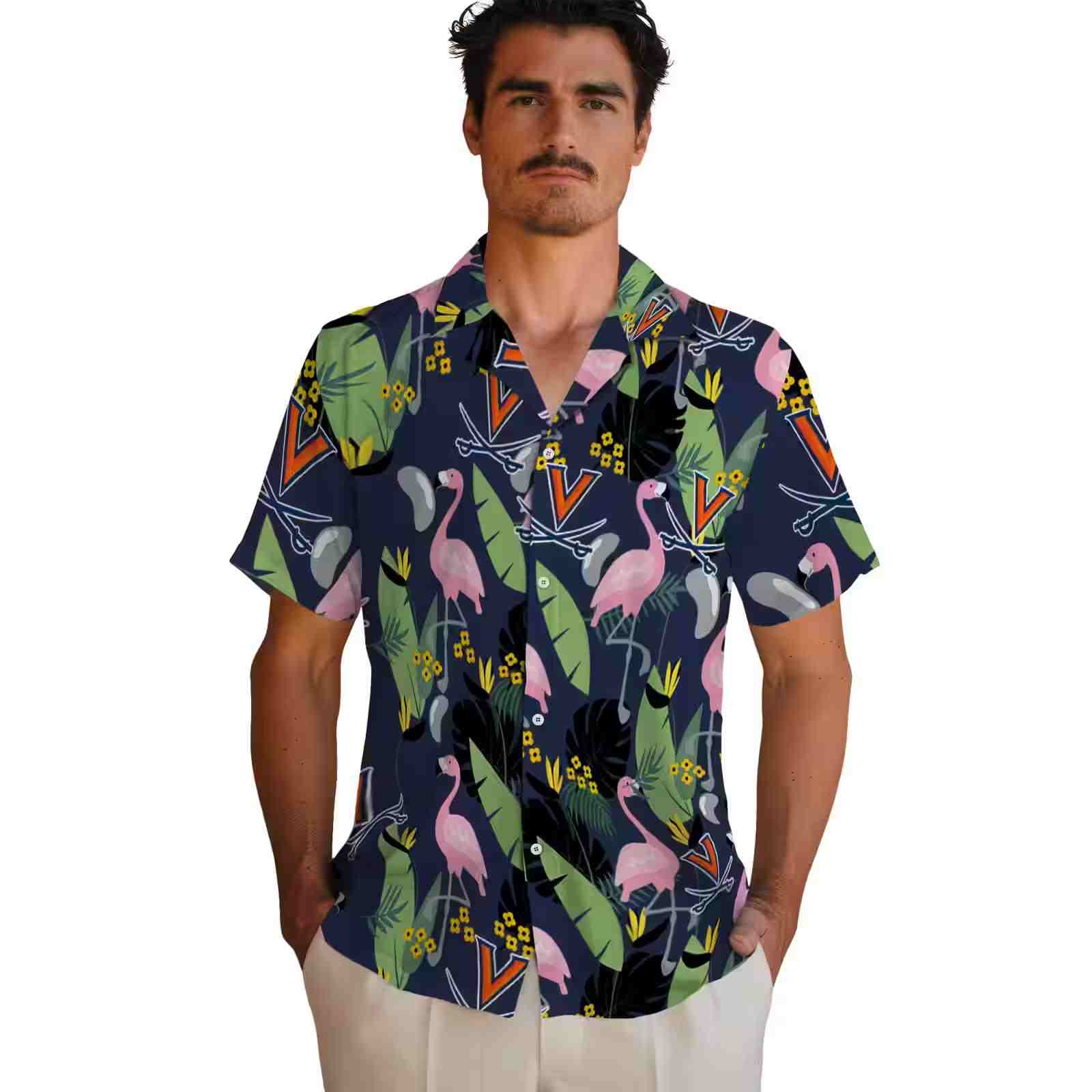 virginia cavaliers flamingo leaves blue hawaiian shirt fashion forward