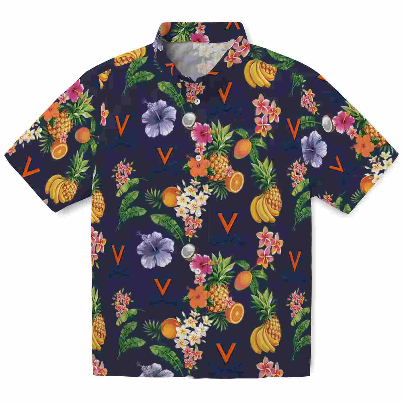 Virginia Cavaliers Hibiscus And Fruit Navy Blue Hawaiian Shirt