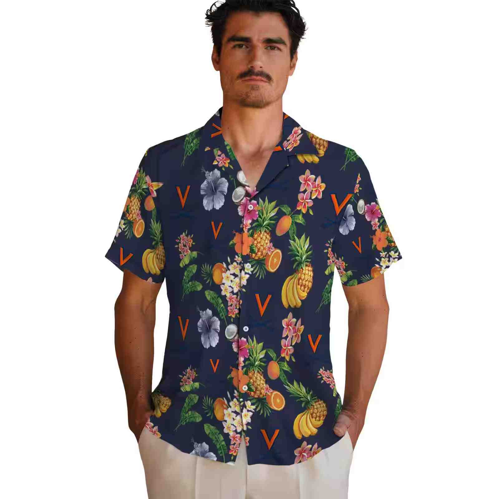 virginia cavaliers hibiscus and fruit navy blue hawaiian shirt fashion forward