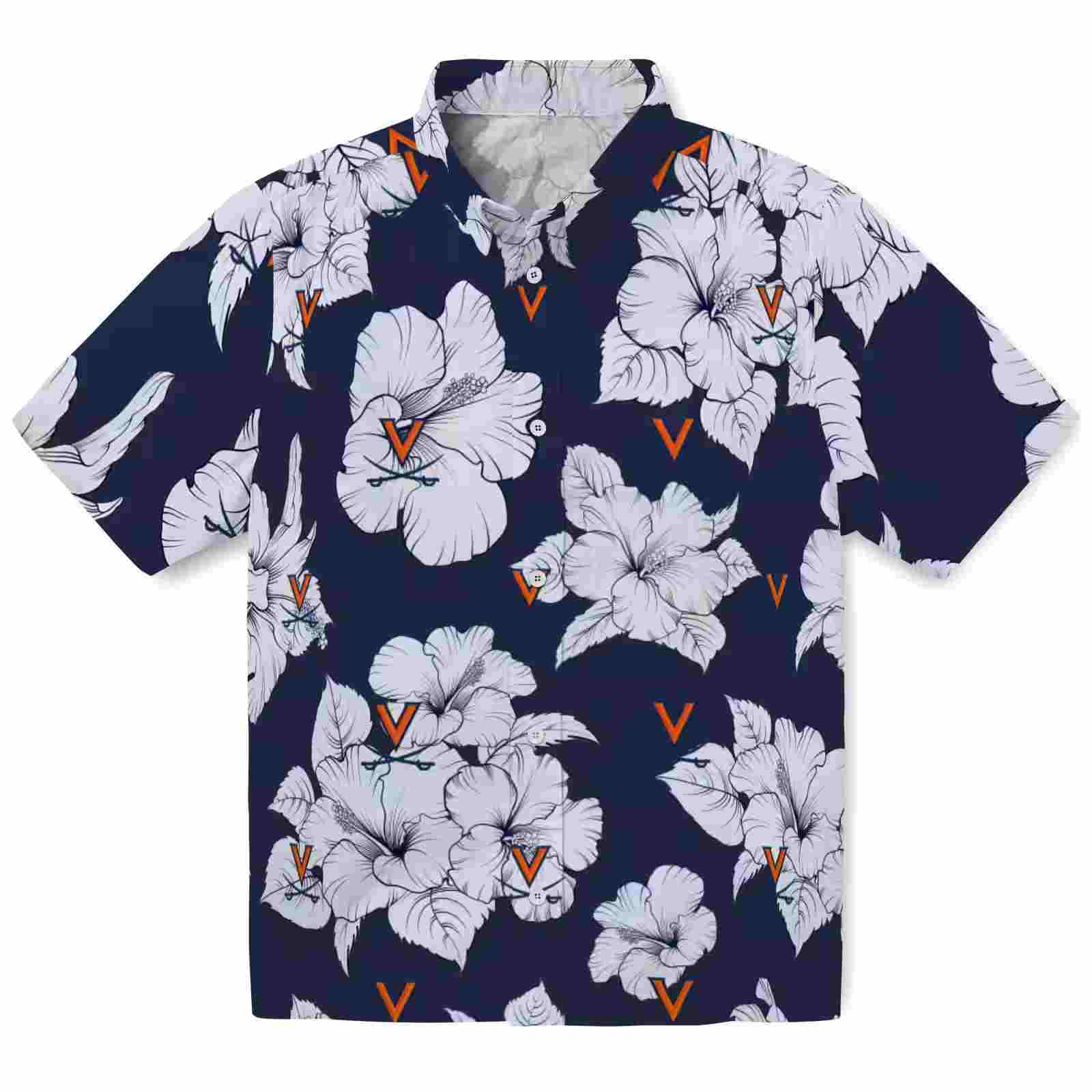 Virginia Cavaliers Hibiscus Blooms Blue White Hawaiian Shirt