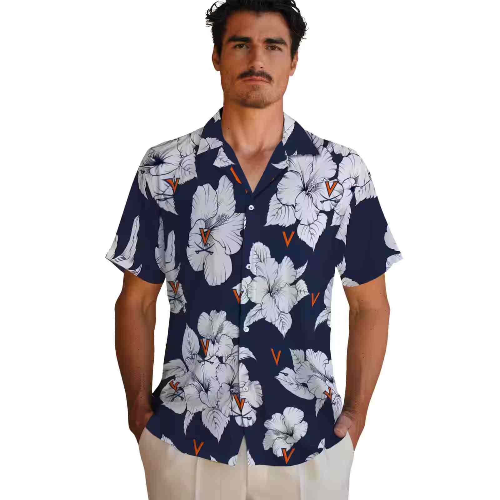 virginia cavaliers hibiscus blooms blue white hawaiian shirt fashion forward