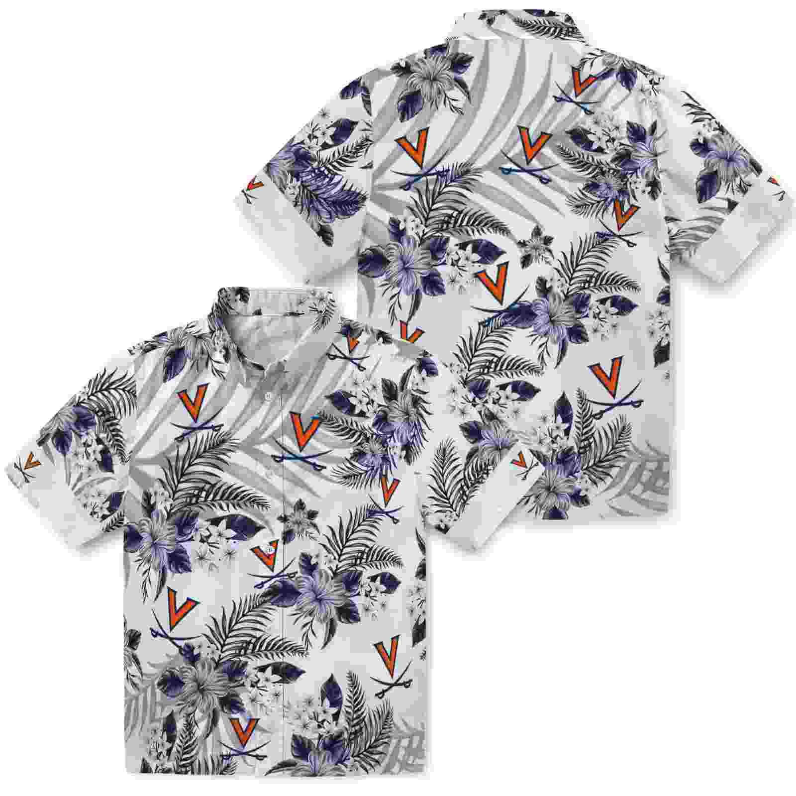 virginia cavaliers hibiscus palm leaves blue white hawaiian shirt high quality