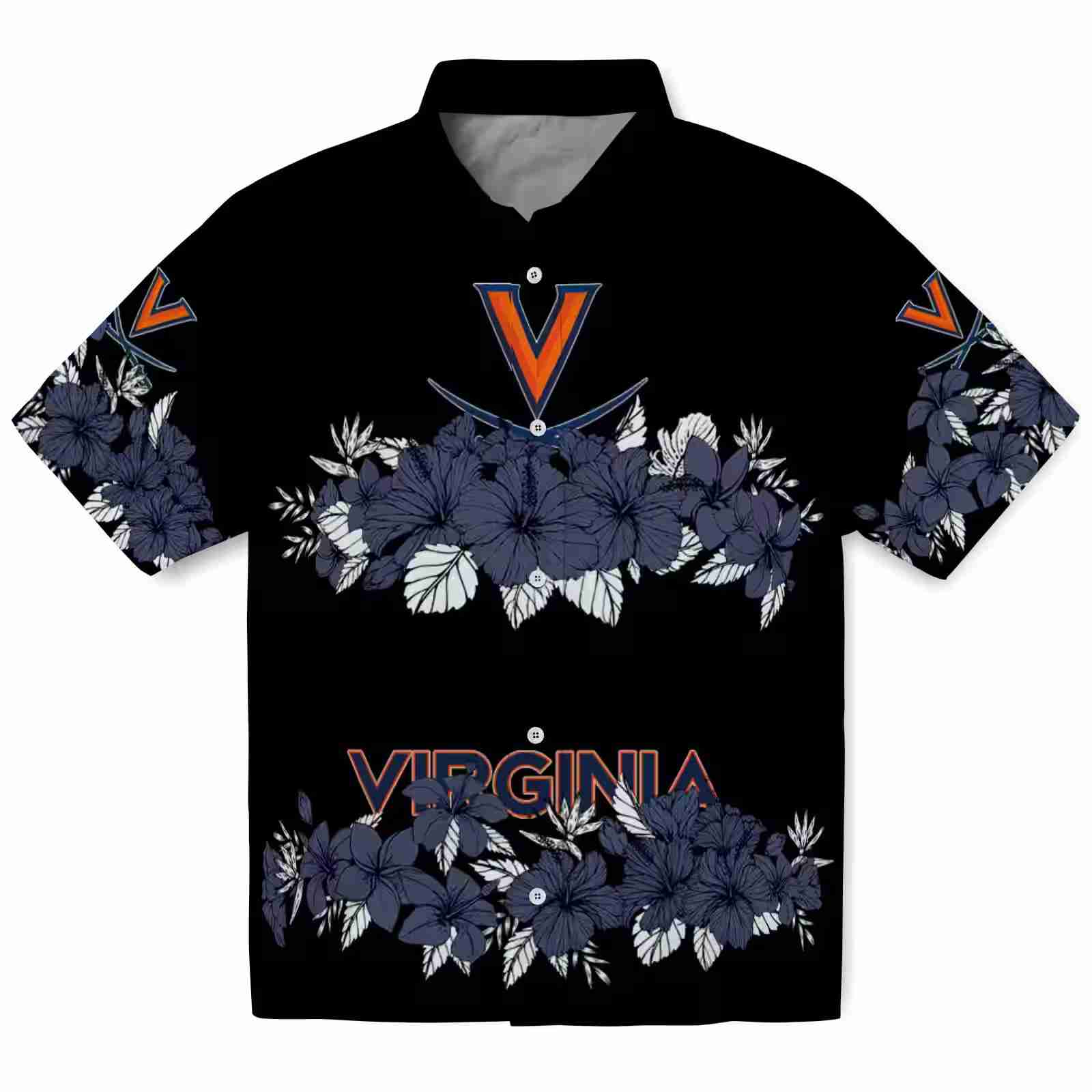 Virginia Cavaliers Hibiscus Stripe Blue Black Hawaiian Shirt