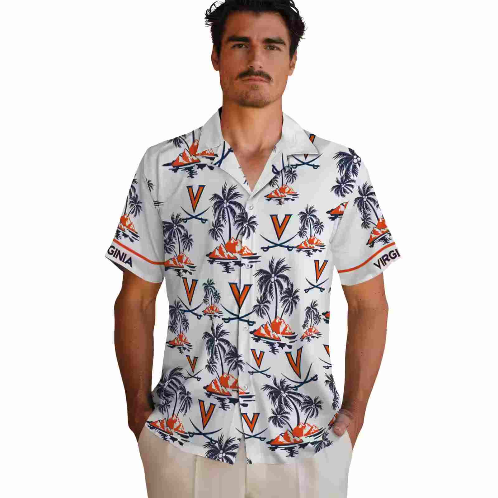 virginia cavaliers palm island print blue white hawaiian shirt fashion forward