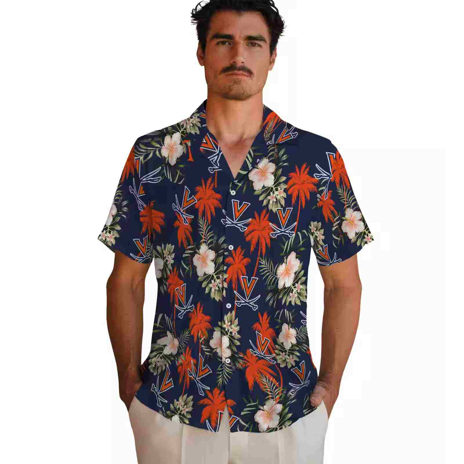 virginia cavaliers palm tree flower blue hawaiian shirt fashion forward