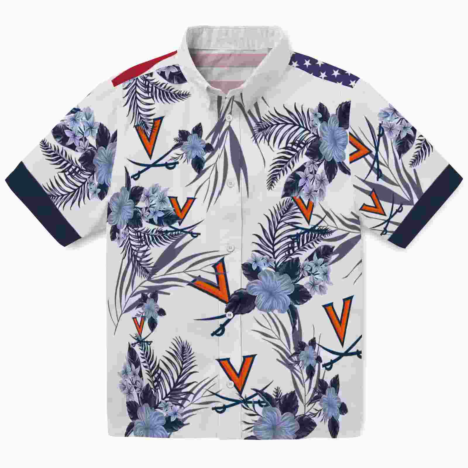 Virginia Cavaliers Patriotic Hibiscus Design Blue White Hawaiian Shirt