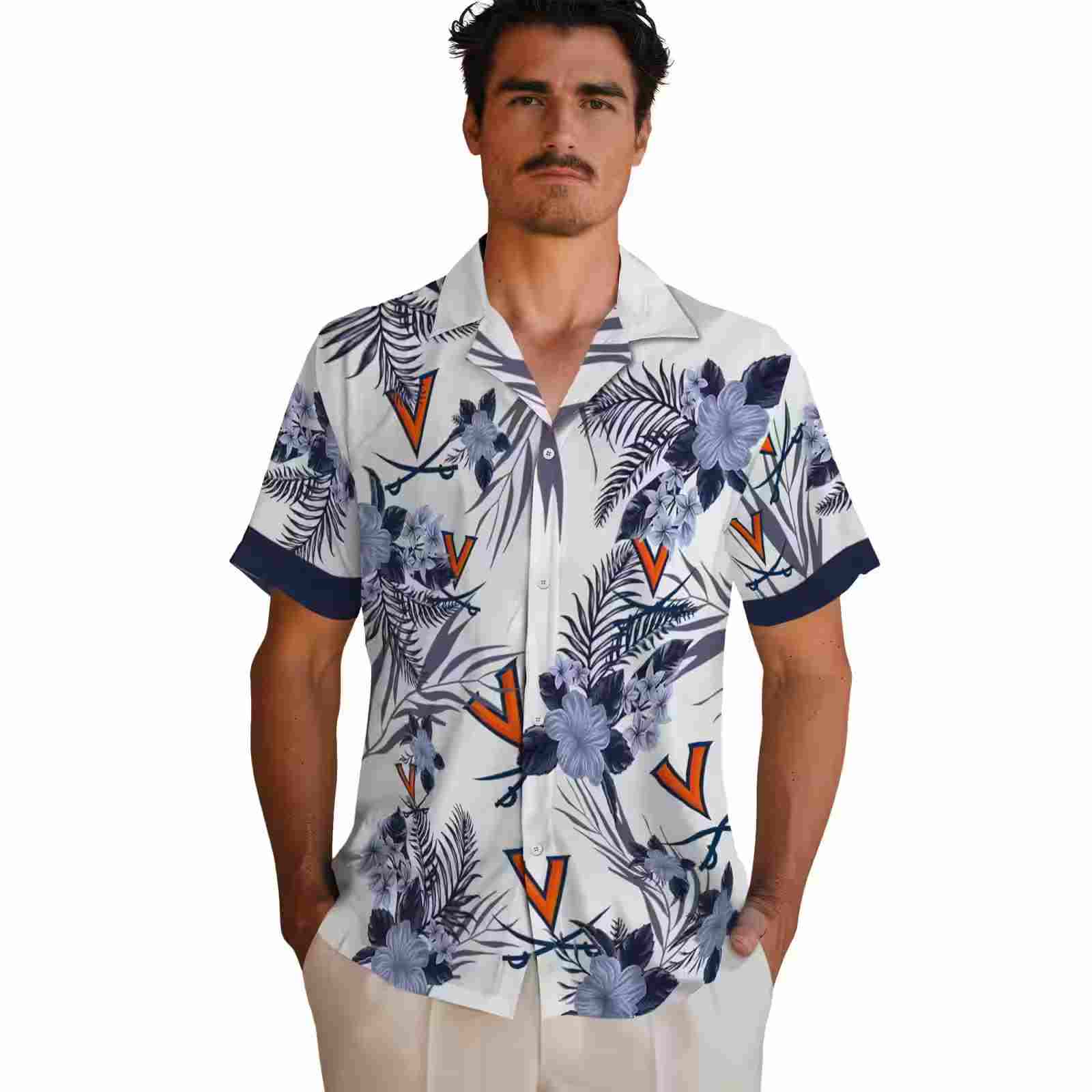 virginia cavaliers patriotic hibiscus design blue white hawaiian shirt fashion forward