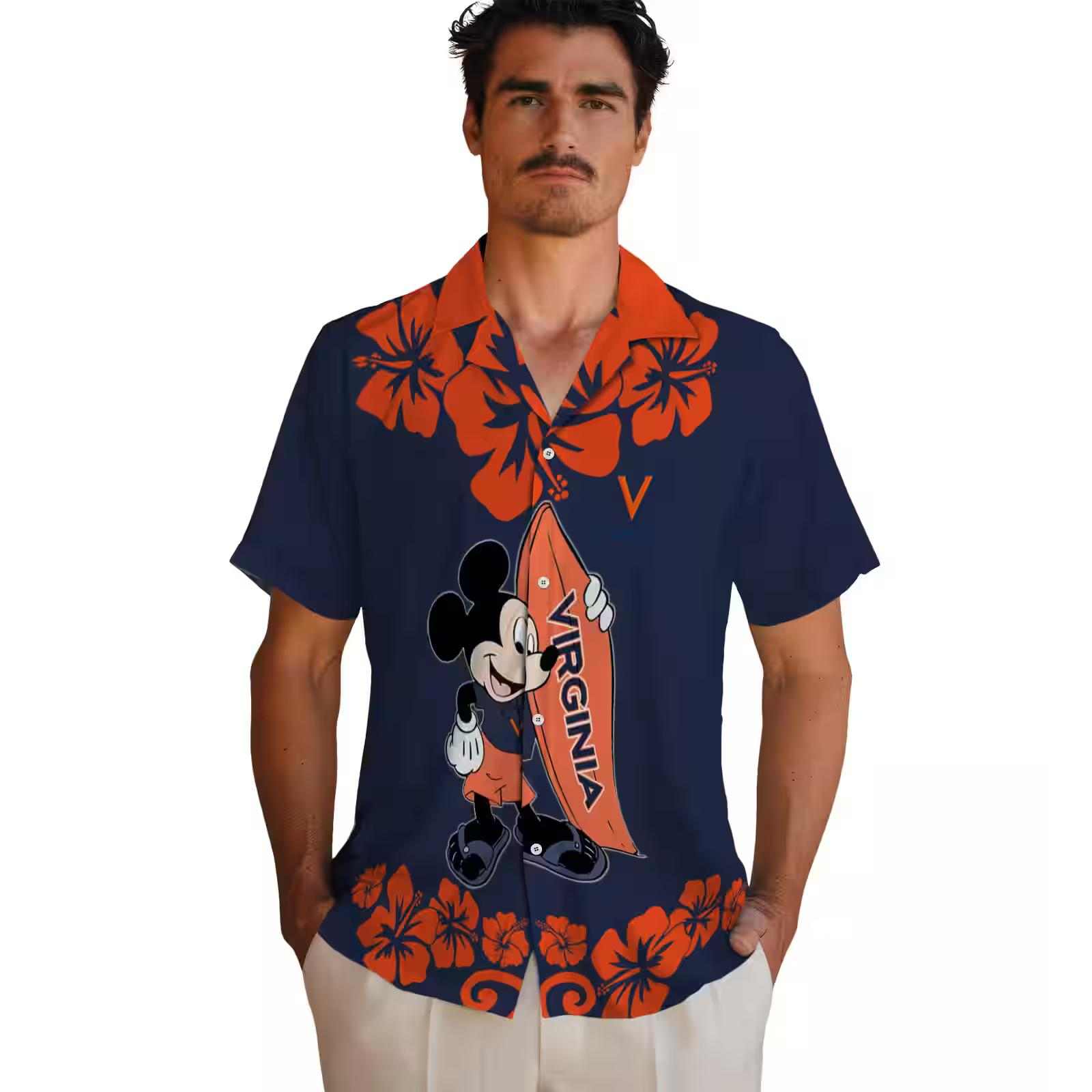 virginia cavaliers surfing mickey blue hawaiian shirt fashion forward