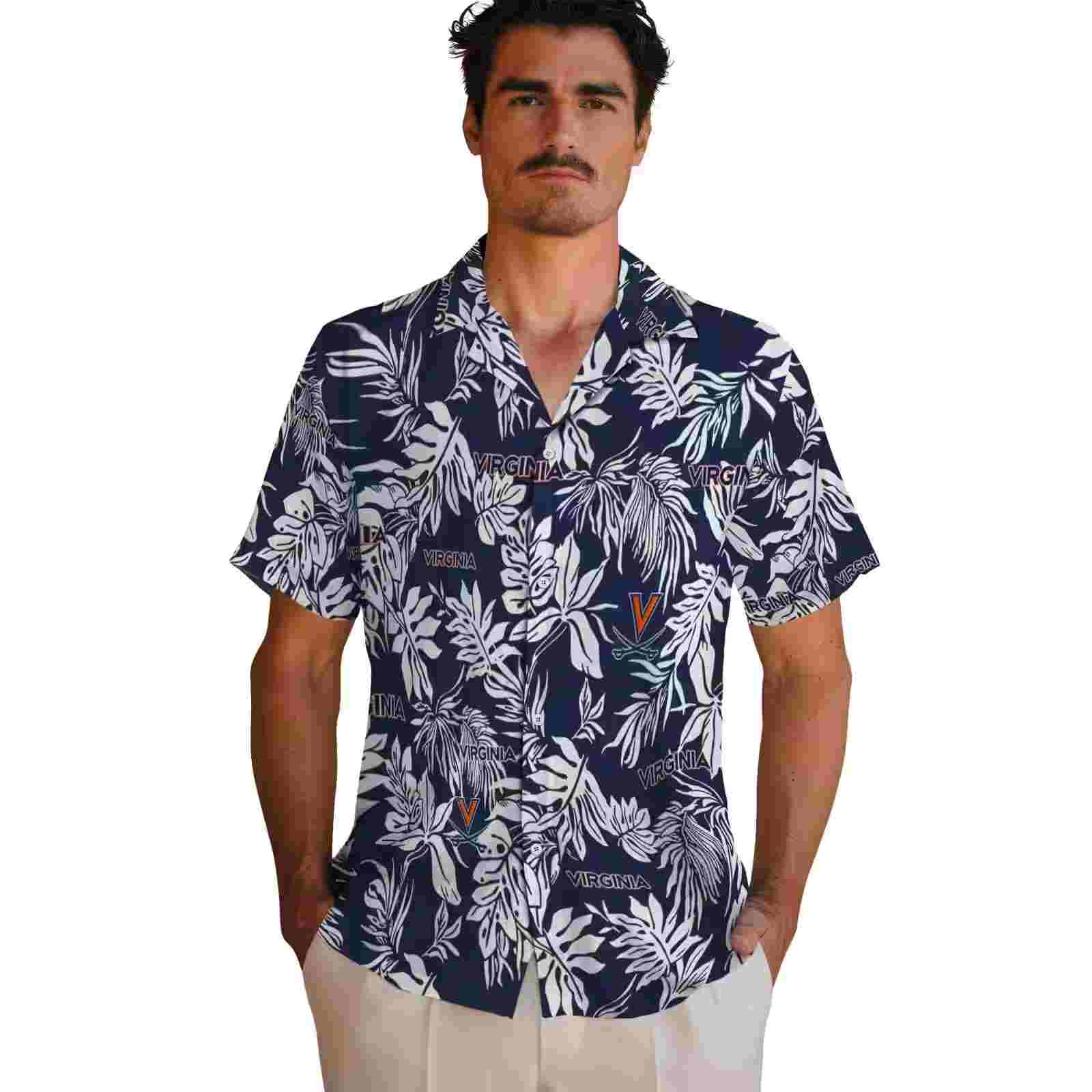 virginia cavaliers tropical leaf blue white hawaiian shirt fashion forward