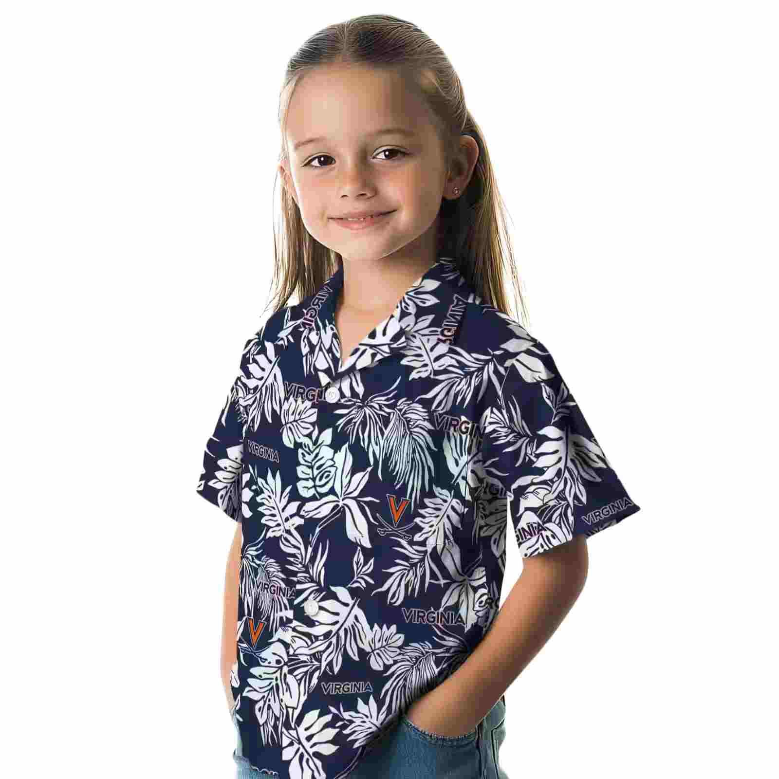 virginia cavaliers tropical leaf blue white hawaiian shirt premium grade