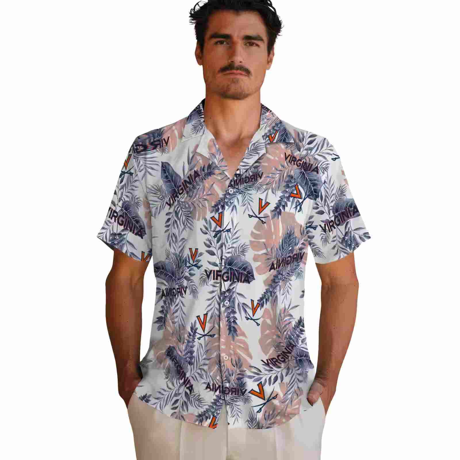 virginia cavaliers tropical leaves blue white hawaiian shirt fashion forward