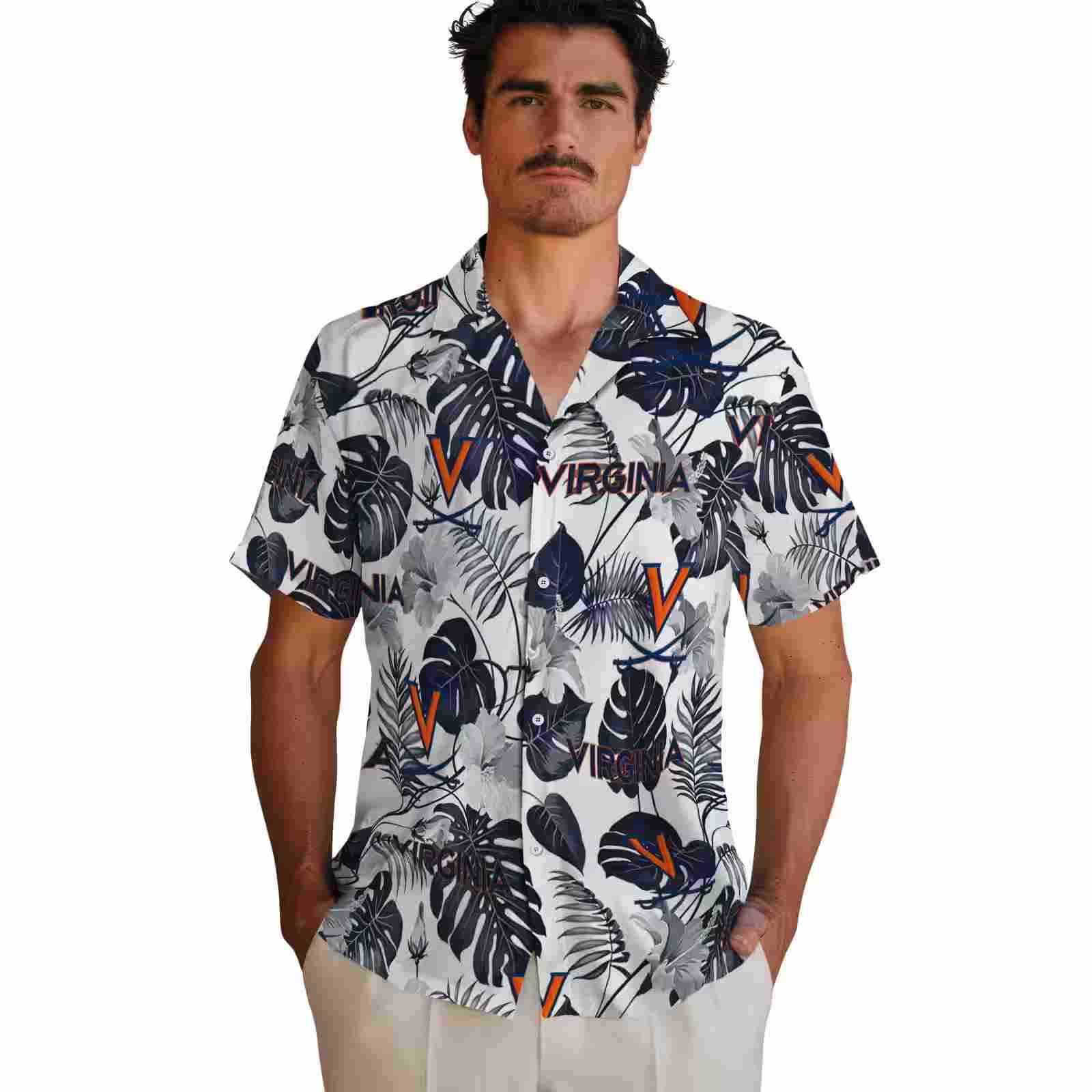 virginia cavaliers tropical plants blue white hawaiian shirt fashion forward