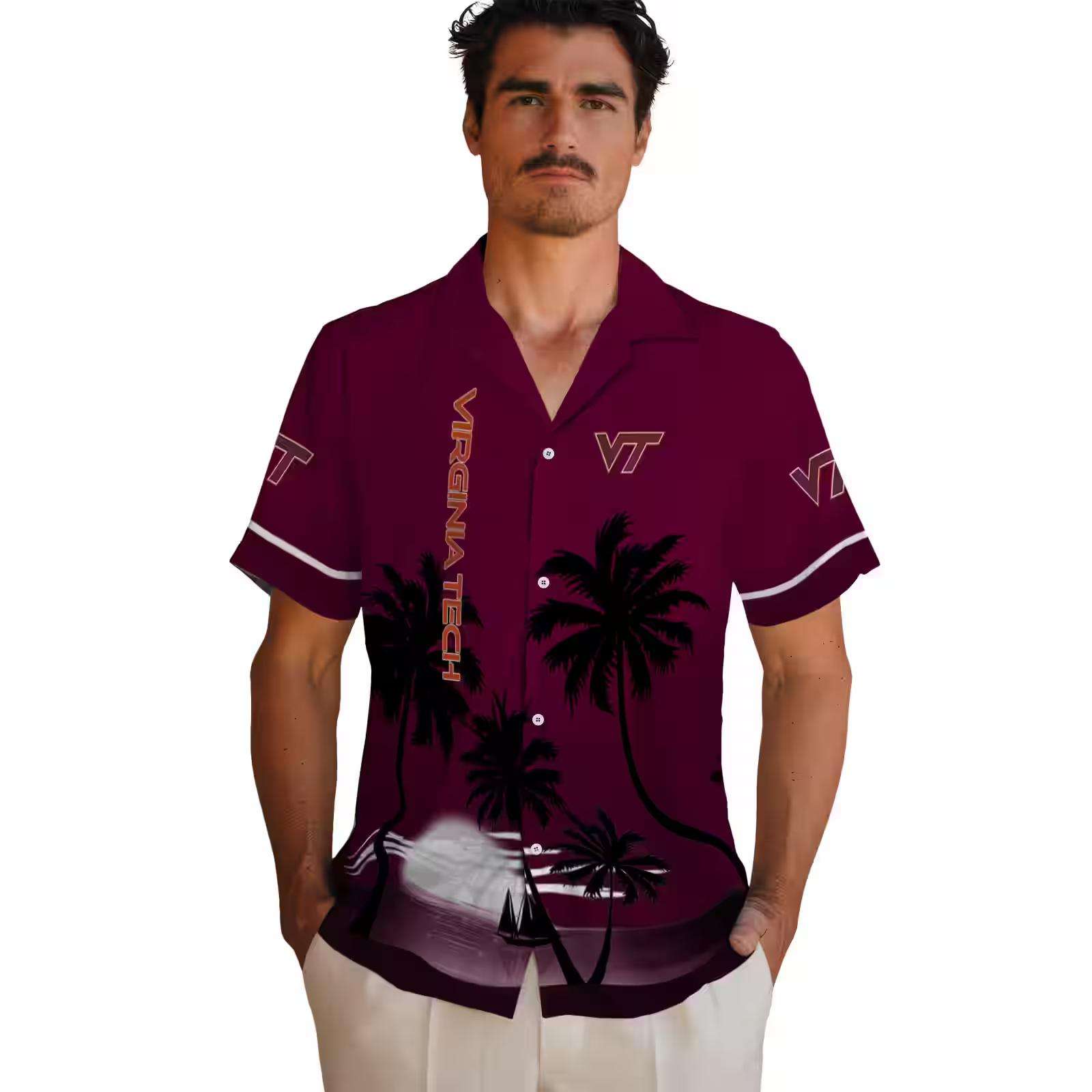 virginia tech hokies beach sunset maroon black hawaiian shirt fashion forward