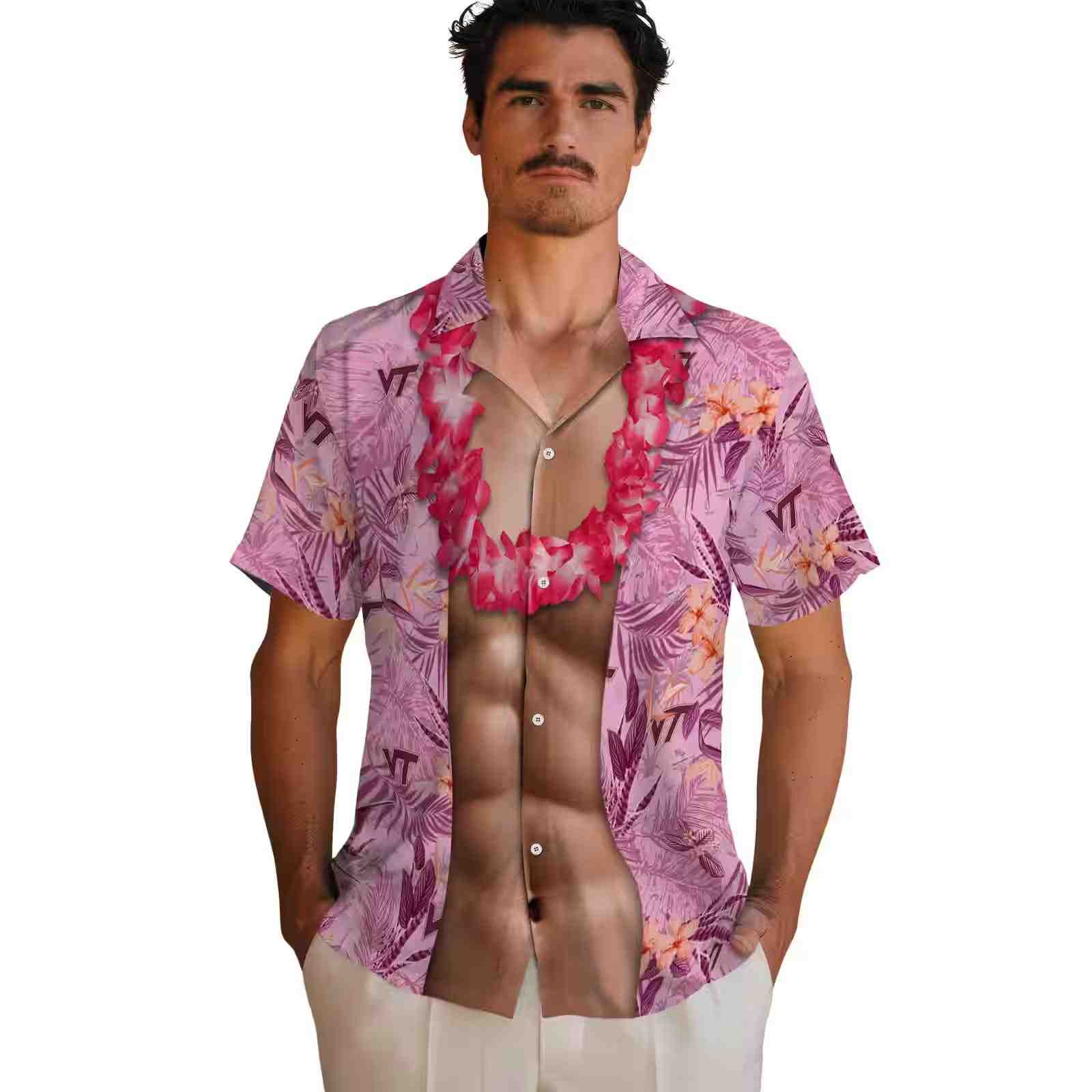 virginia tech hokies chest illusion maroon hawaiian shirt fashion forward