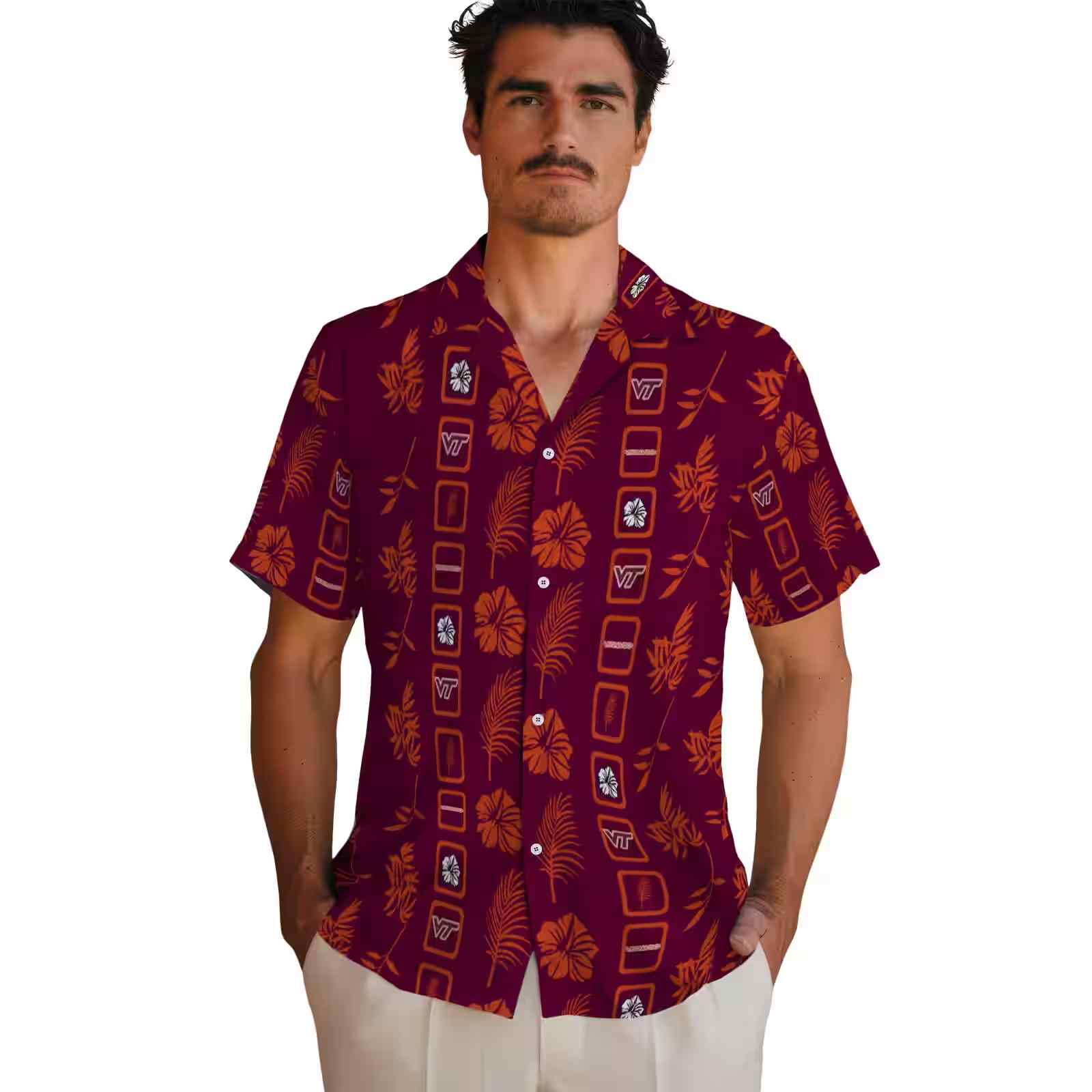 virginia tech hokies framed floral maroon hawaiian shirt fashion forward