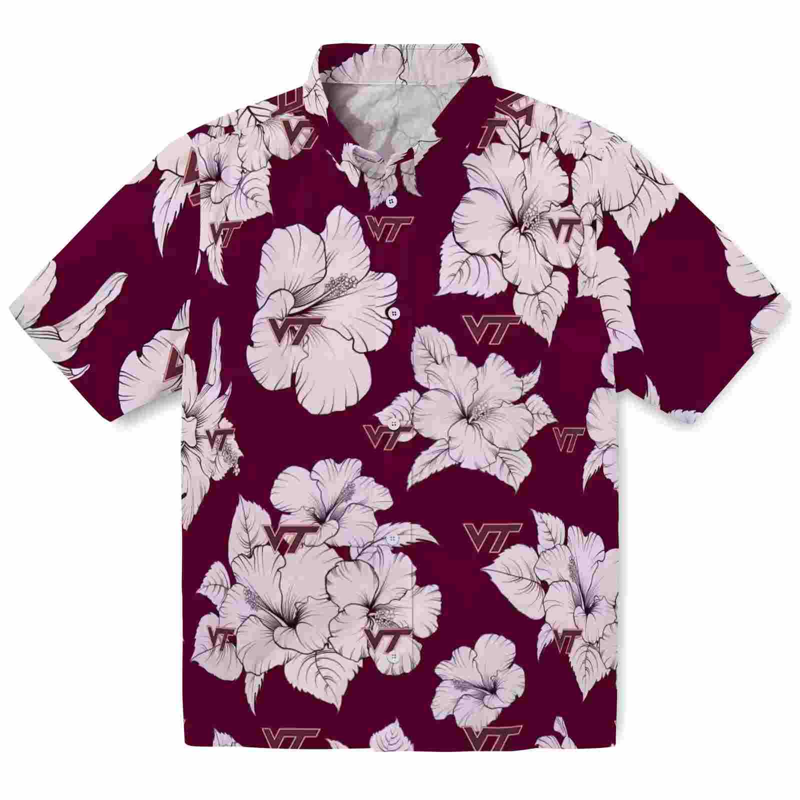 Virginia Tech Hokies Hibiscus Blooms Maroon White Hawaiian Shirt