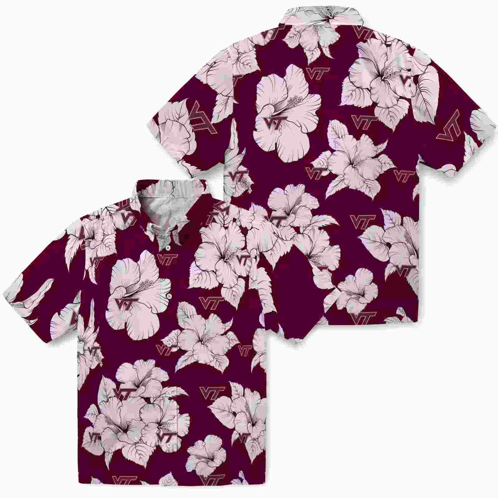 virginia tech hokies hibiscus blooms maroon white hawaiian shirt high quality