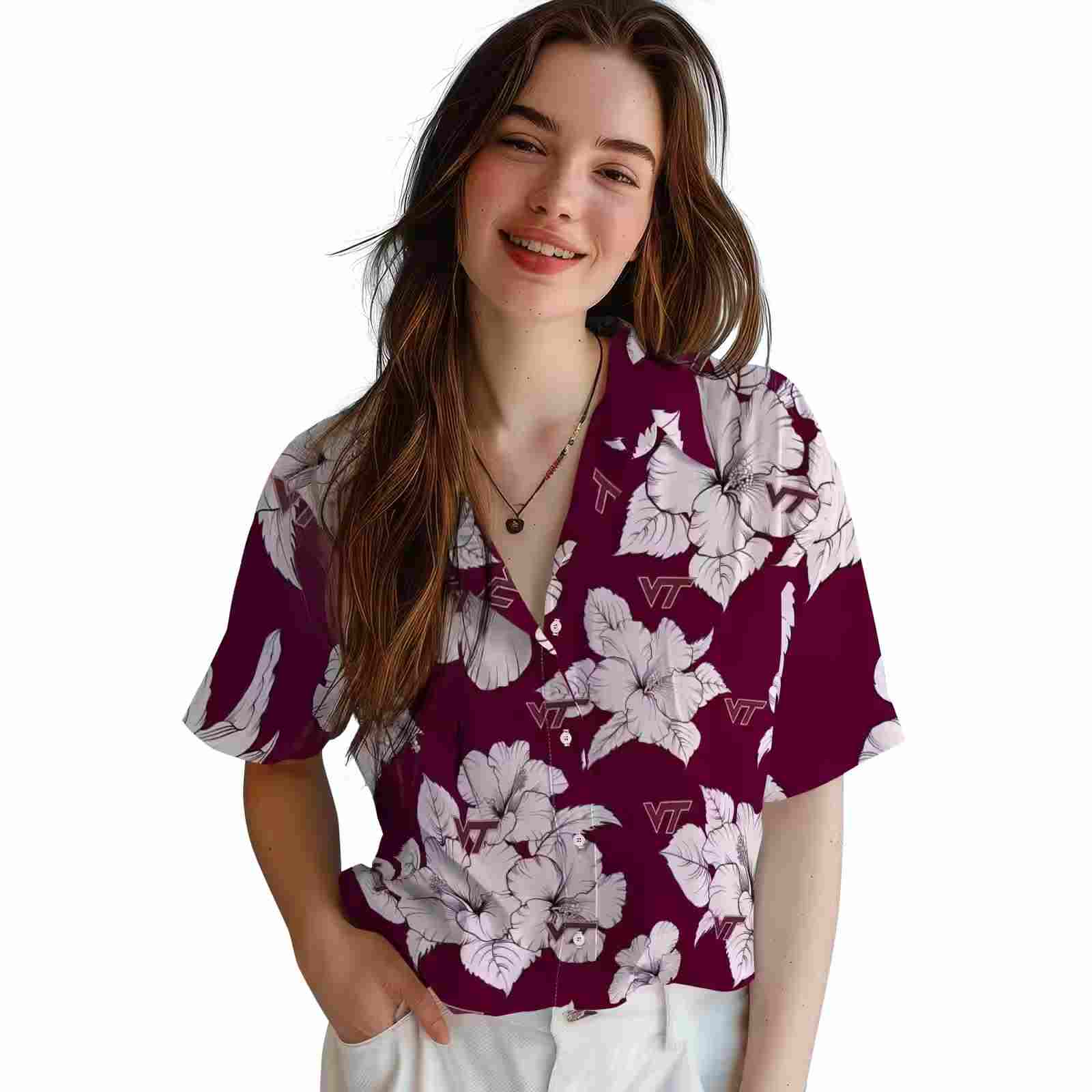 virginia tech hokies hibiscus blooms maroon white hawaiian shirt latest model