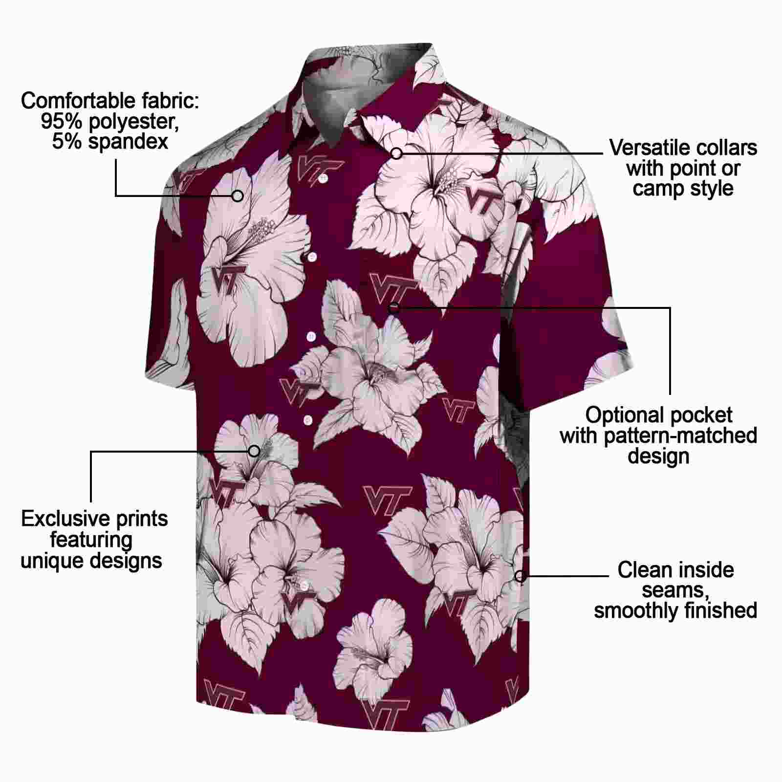 virginia tech hokies hibiscus blooms maroon white hawaiian shirt new arrival