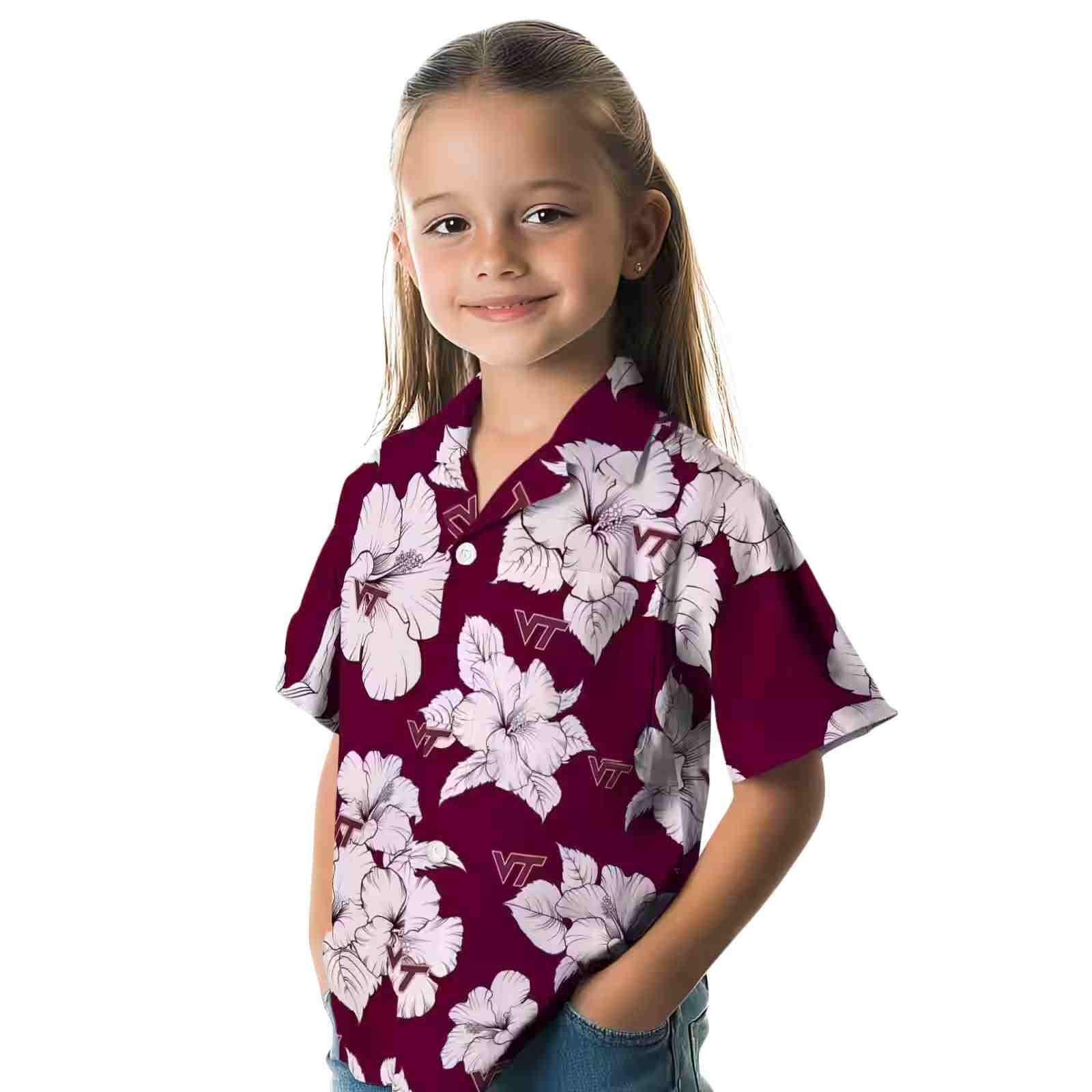 virginia tech hokies hibiscus blooms maroon white hawaiian shirt premium grade