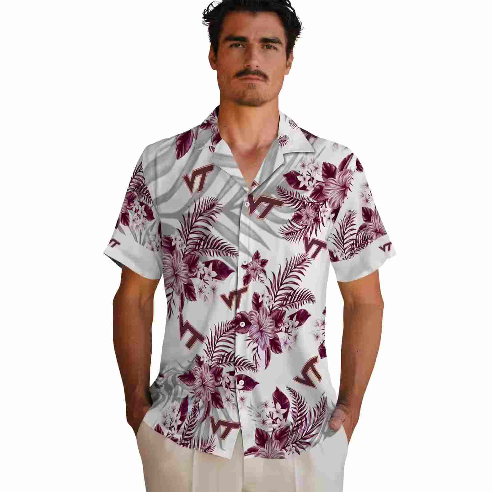 virginia tech hokies hibiscus palm leaves maroon white hawaiian shirt fashion forward