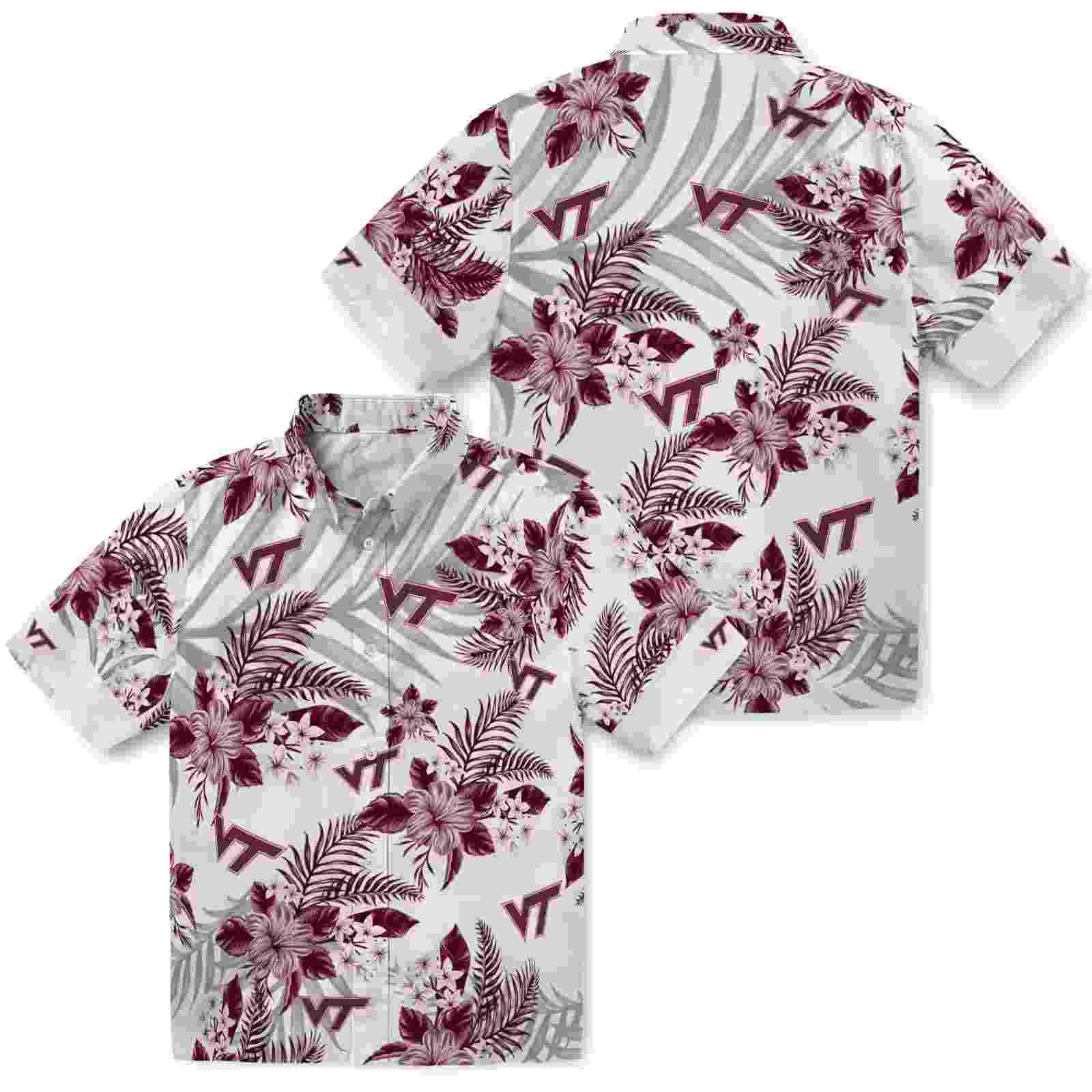 virginia tech hokies hibiscus palm leaves maroon white hawaiian shirt high quality