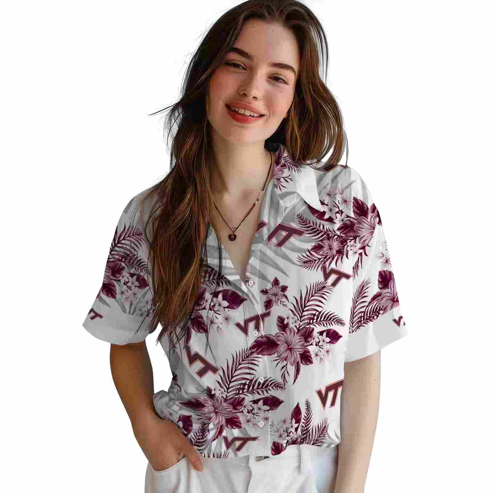 virginia tech hokies hibiscus palm leaves maroon white hawaiian shirt latest model