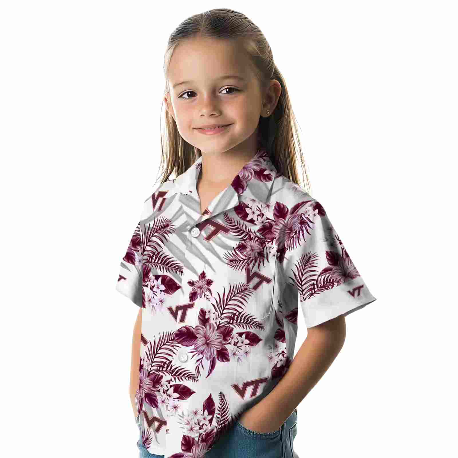 virginia tech hokies hibiscus palm leaves maroon white hawaiian shirt premium grade