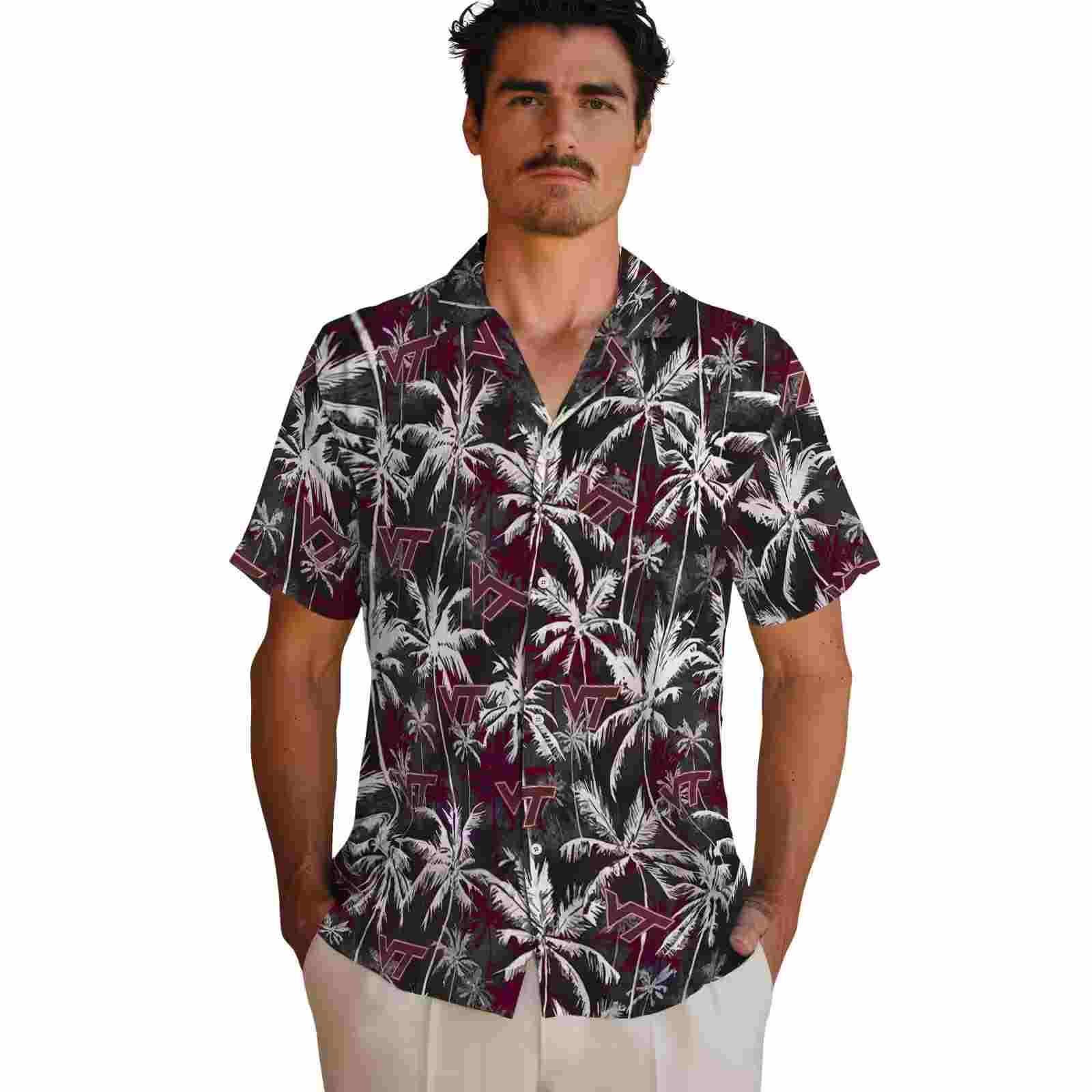 virginia tech hokies palm pattern maroon black hawaiian shirt fashion forward