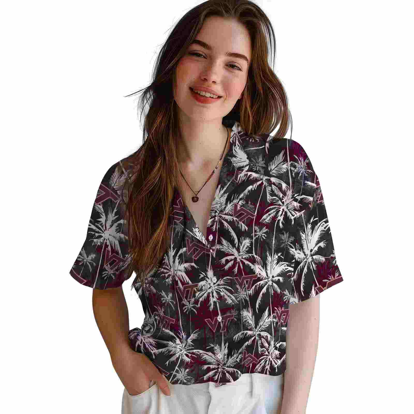 virginia tech hokies palm pattern maroon black hawaiian shirt latest model