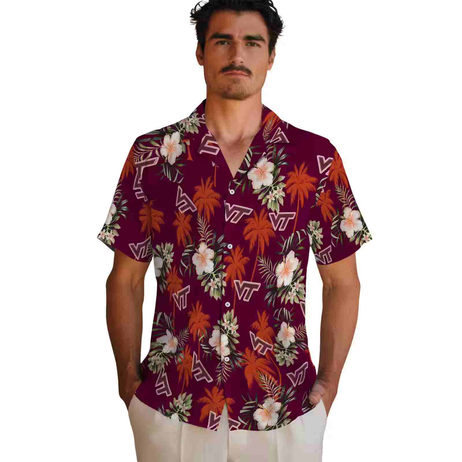 virginia tech hokies palm tree flower maroon hawaiian shirt fashion forward