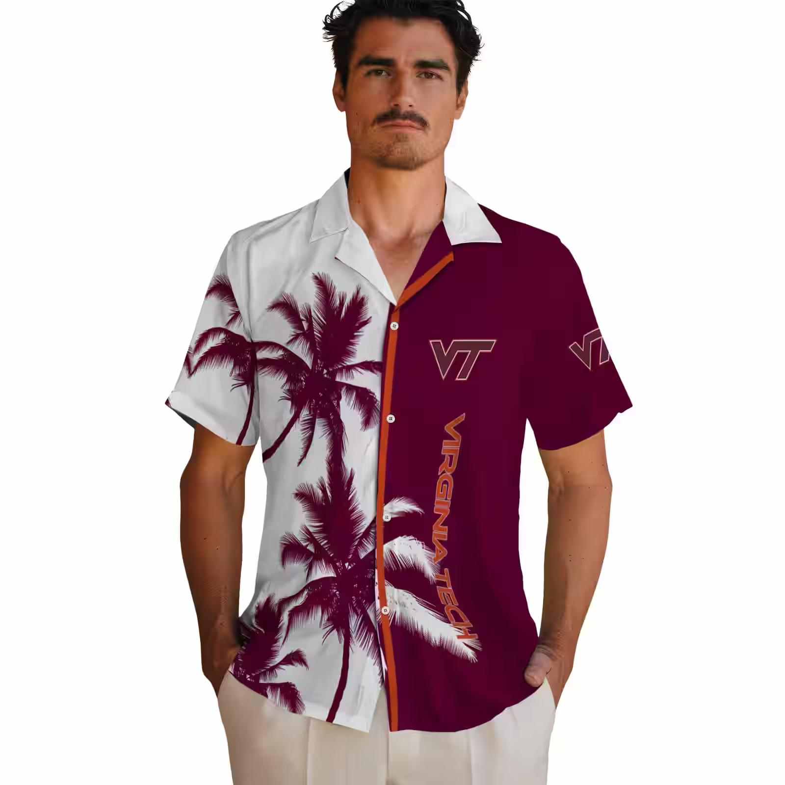 virginia tech hokies palm trees maroon white hawaiian shirt fashion forward